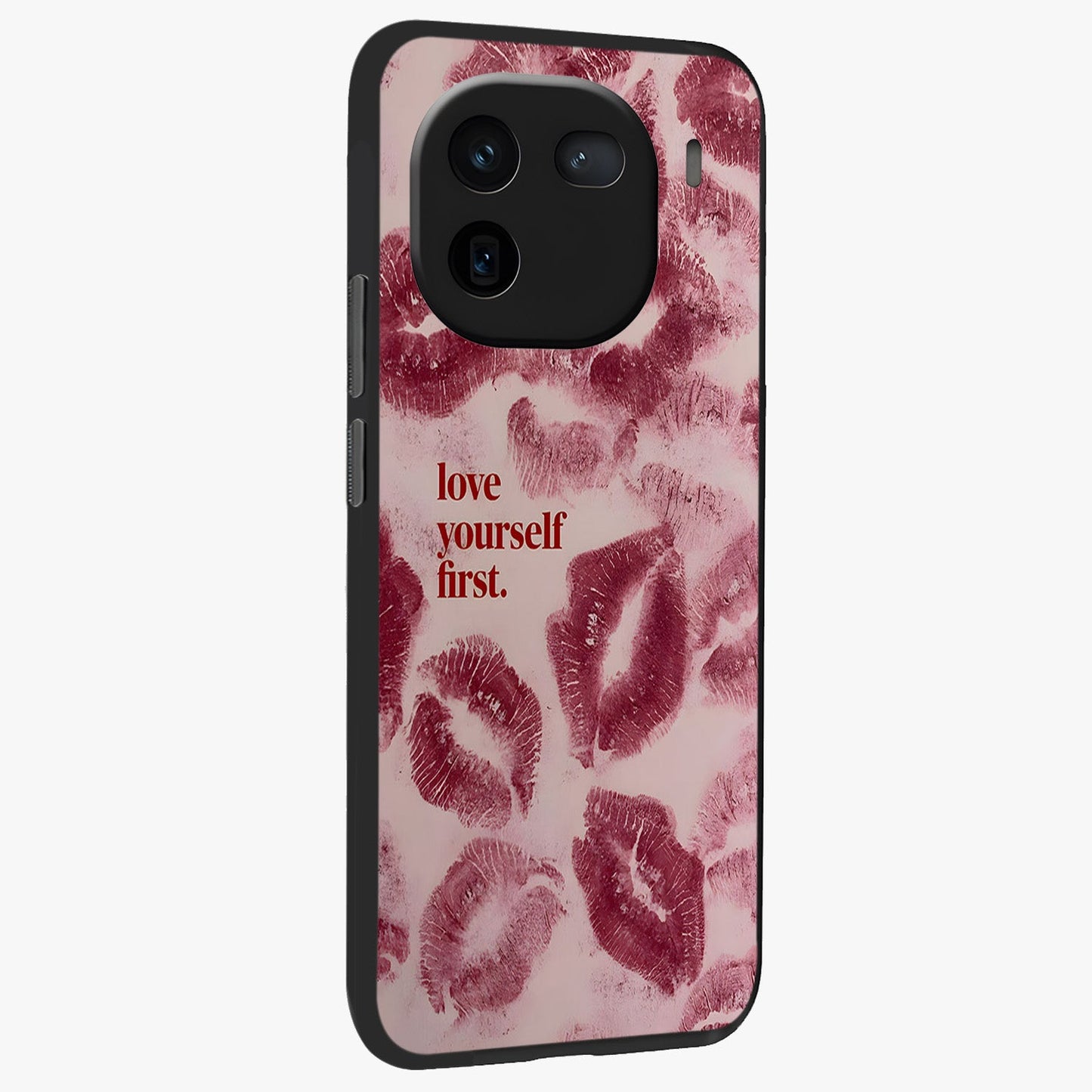 Crimson Kiss Love Glass Case upright view showcasing expressive romantic artwork with deep crimson theme.