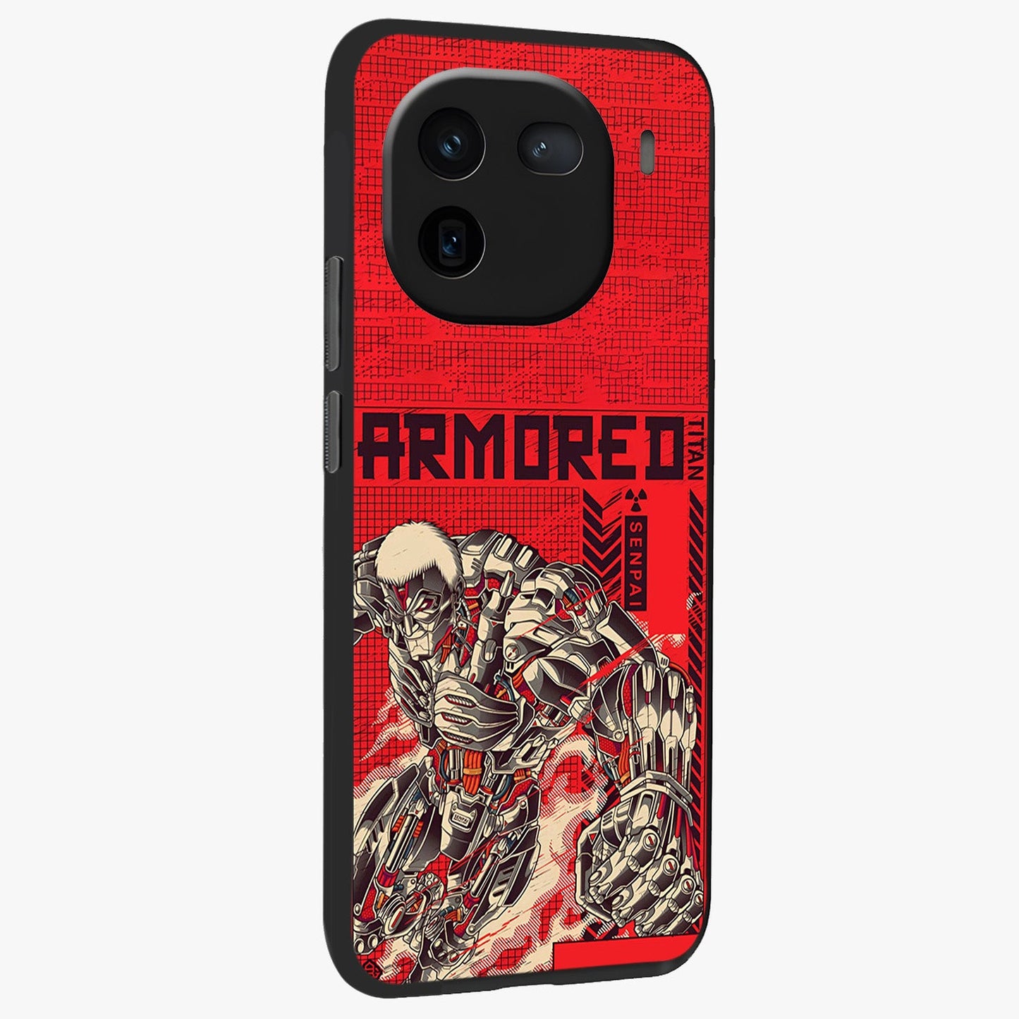 Crimson Mecha Titan Glass Case upright view showcasing dynamic robotic titan design with sci-fi inspired theme.