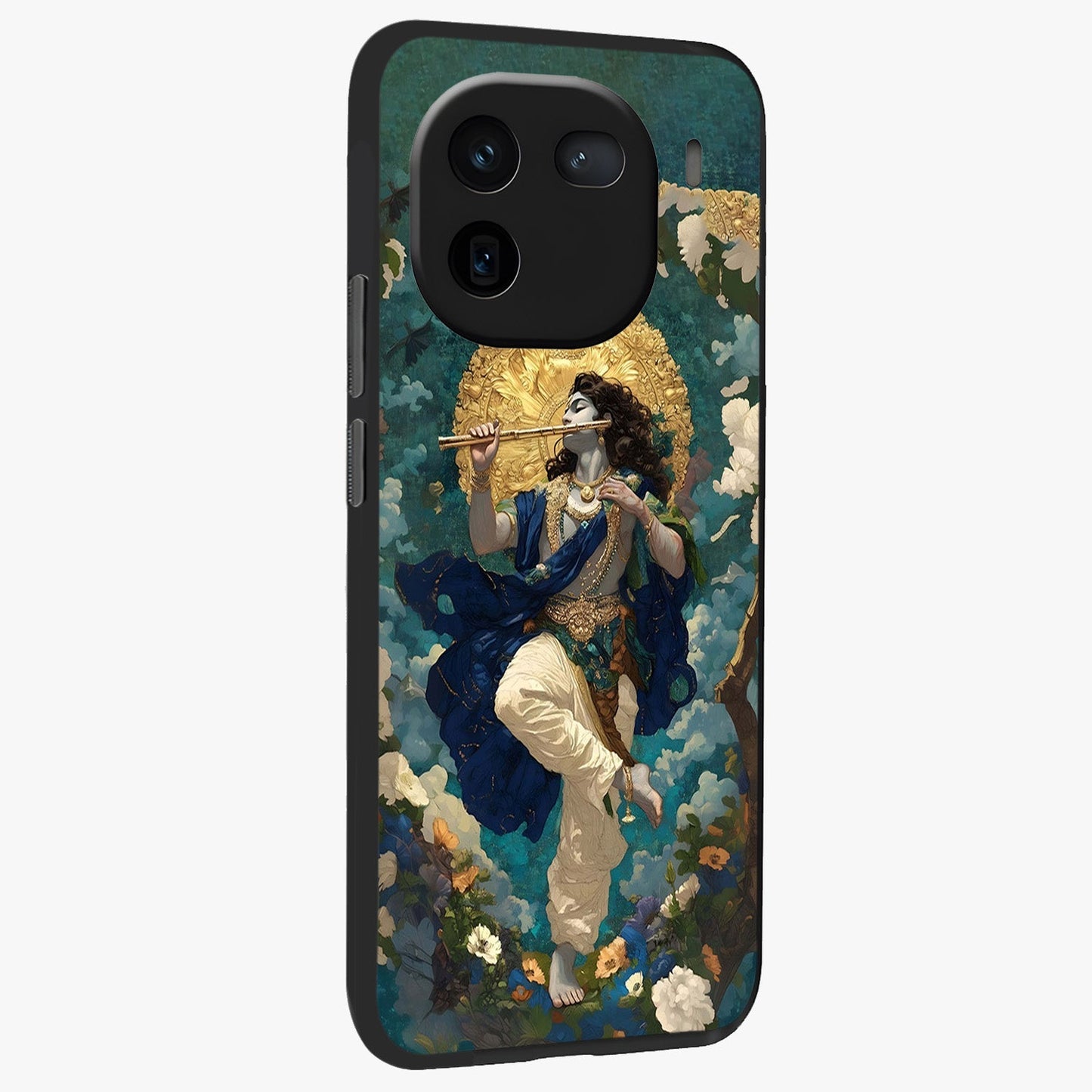 Divine Krishna Art Glass Case upright view showcasing divine Krishna artwork with sacred artistic theme.