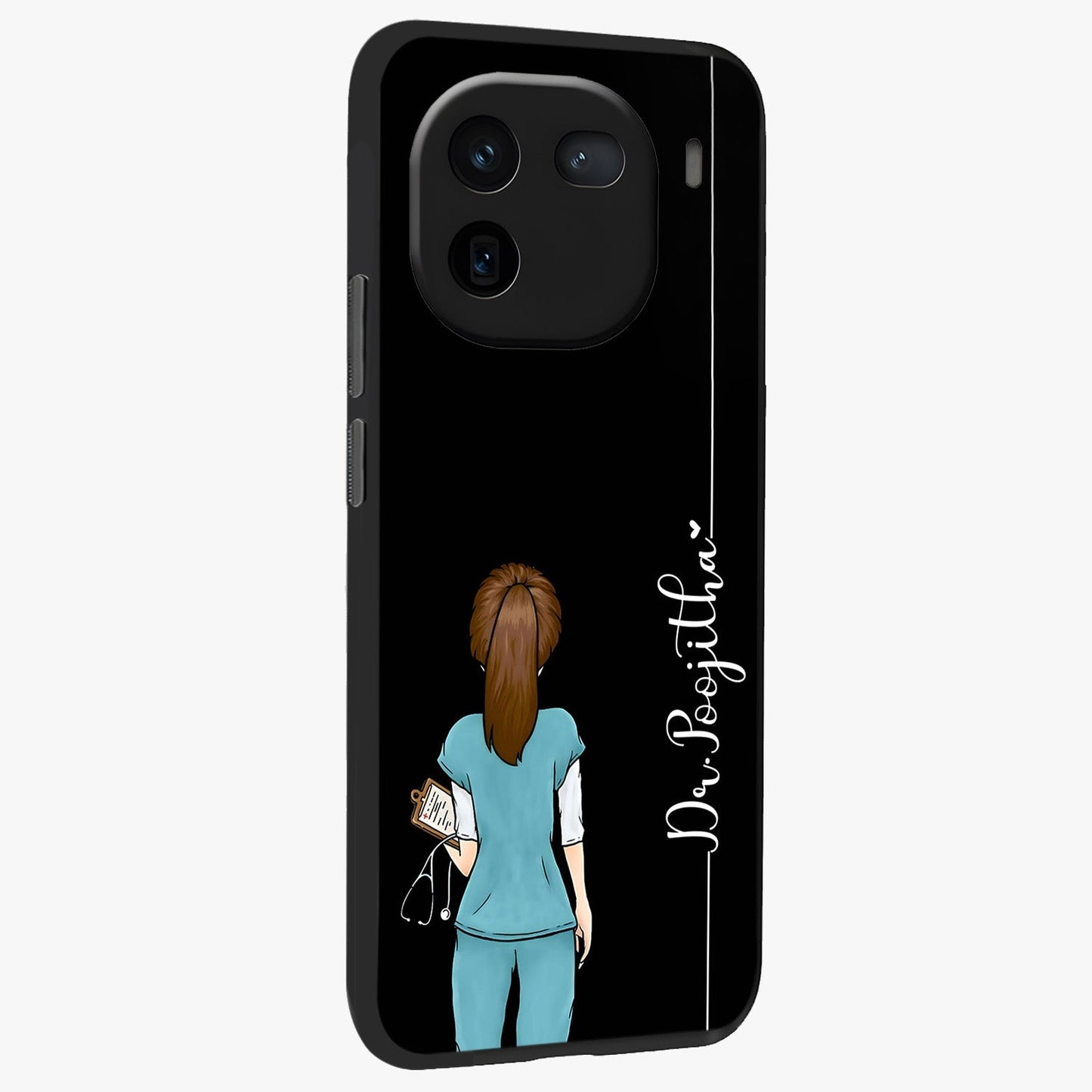 Doctor Pattern Custom Name Glass Case upright view showcasing healthcare themed design with personalized aesthetic.