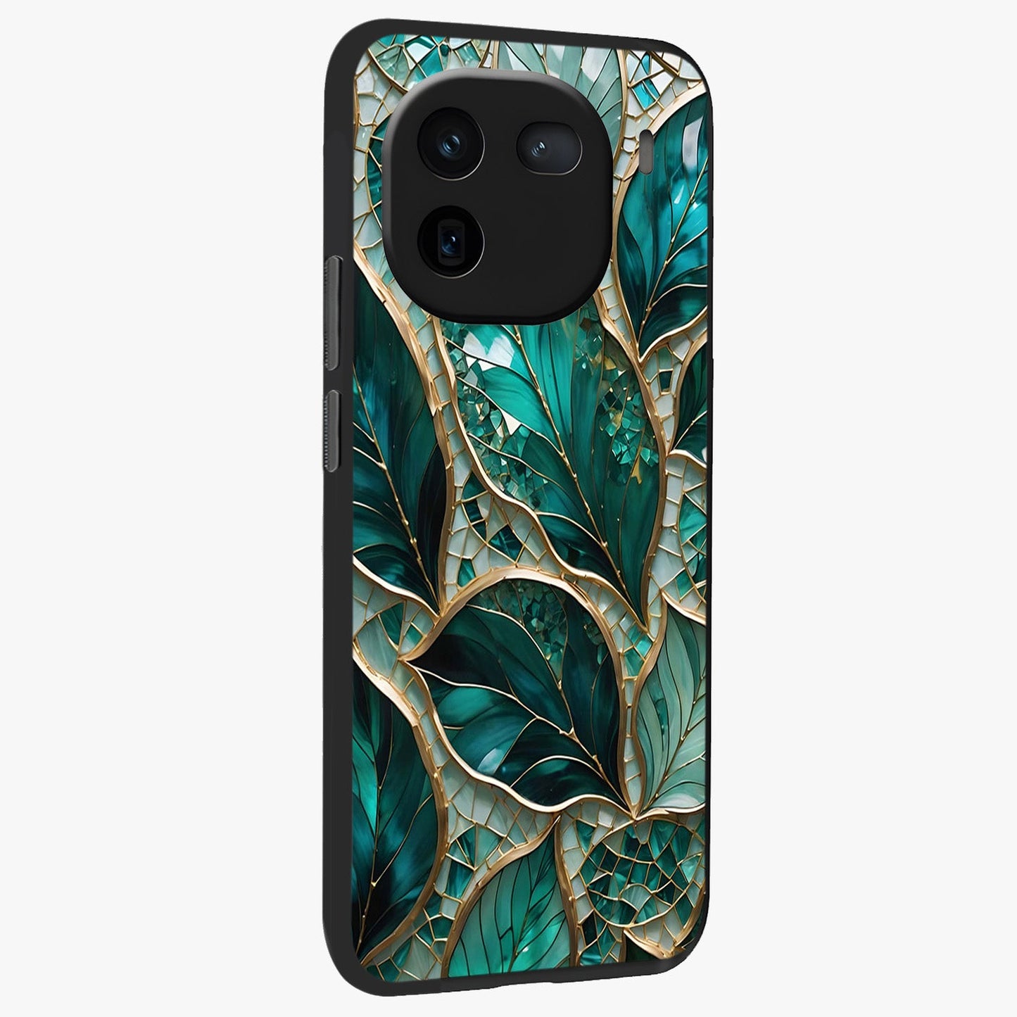Emerald Leaf Glass Glass Case upright view showcasing fresh green leaf artwork with calming nature inspired style.