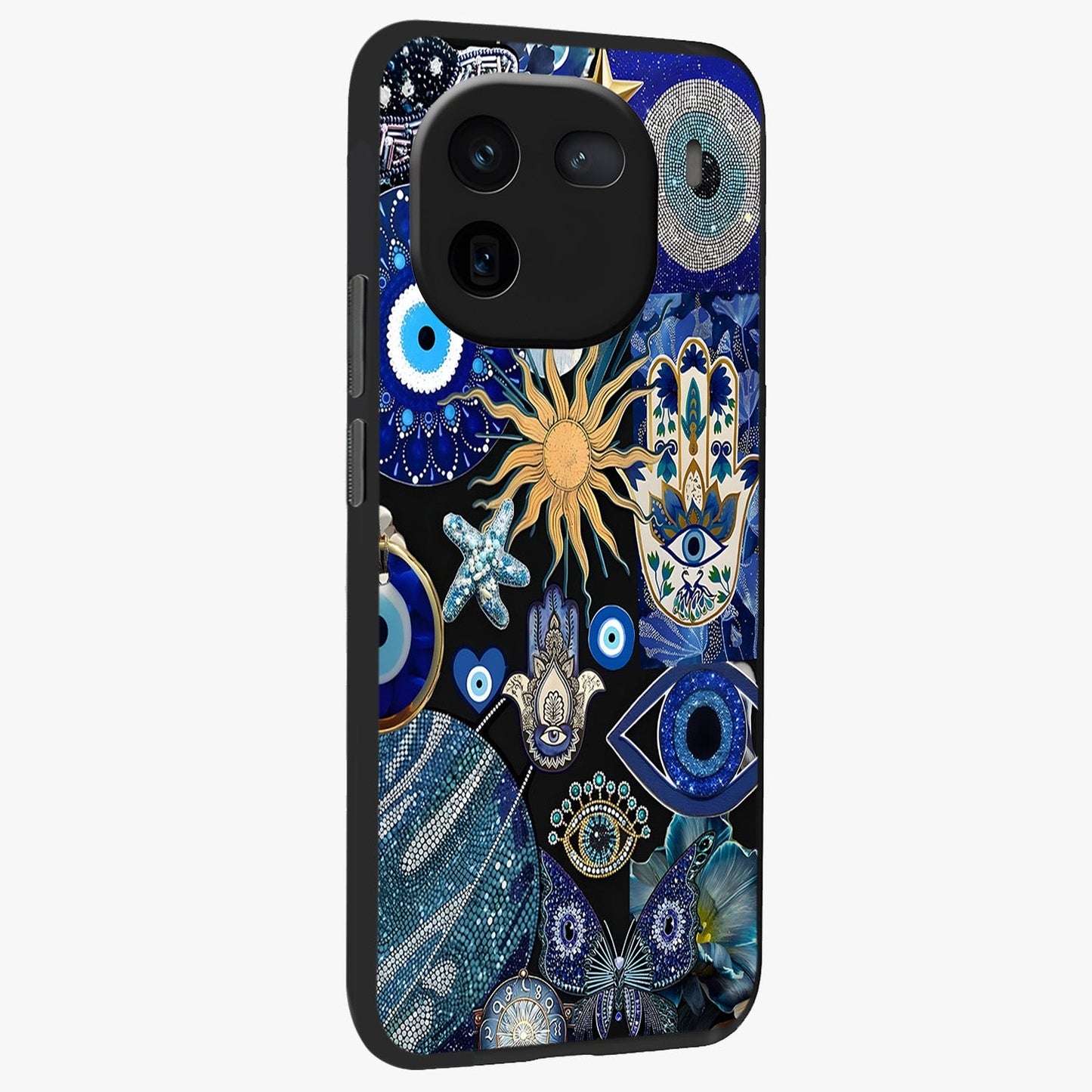 Evil Eye Charm Mix Glass Case upright view showcasing mystical evil eye pattern with vibrant decorative style.