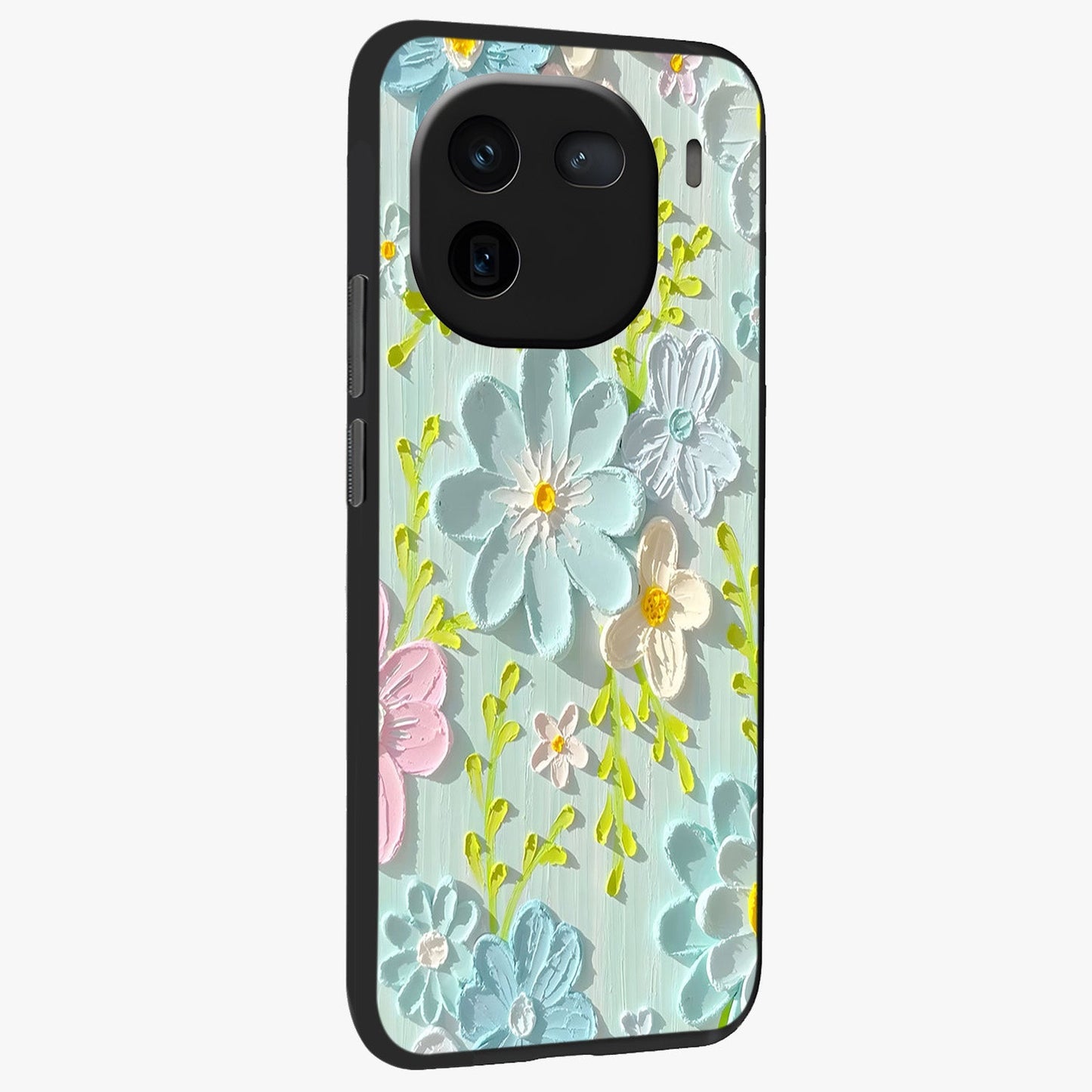 Frosted Petal Garden Glass Case upright view showcasing elegant floral garden artwork with soothing pastel theme.