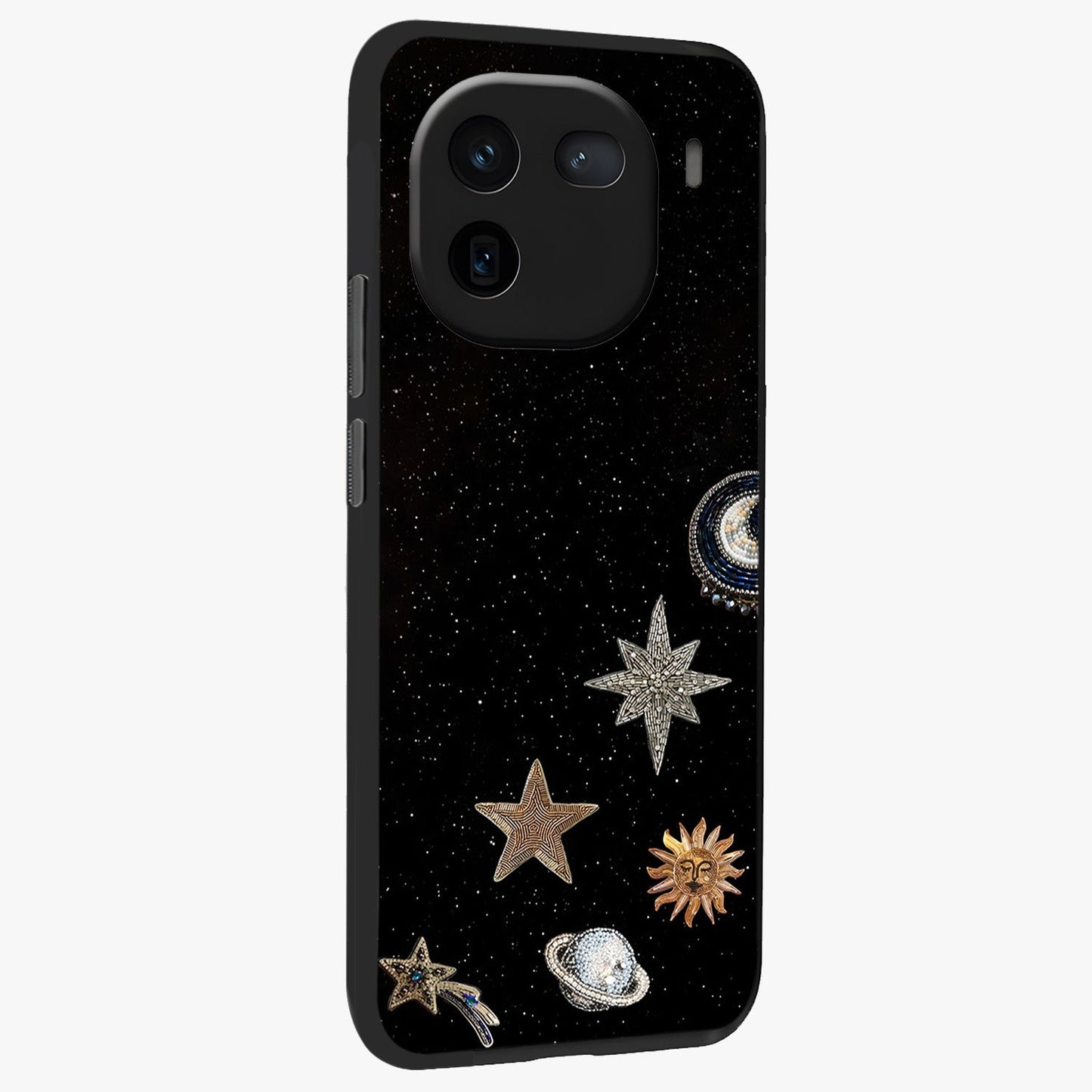 Galactic Charm Glow Glass Case upright view showcasing glowing cosmic charm artwork with magical celestial style.