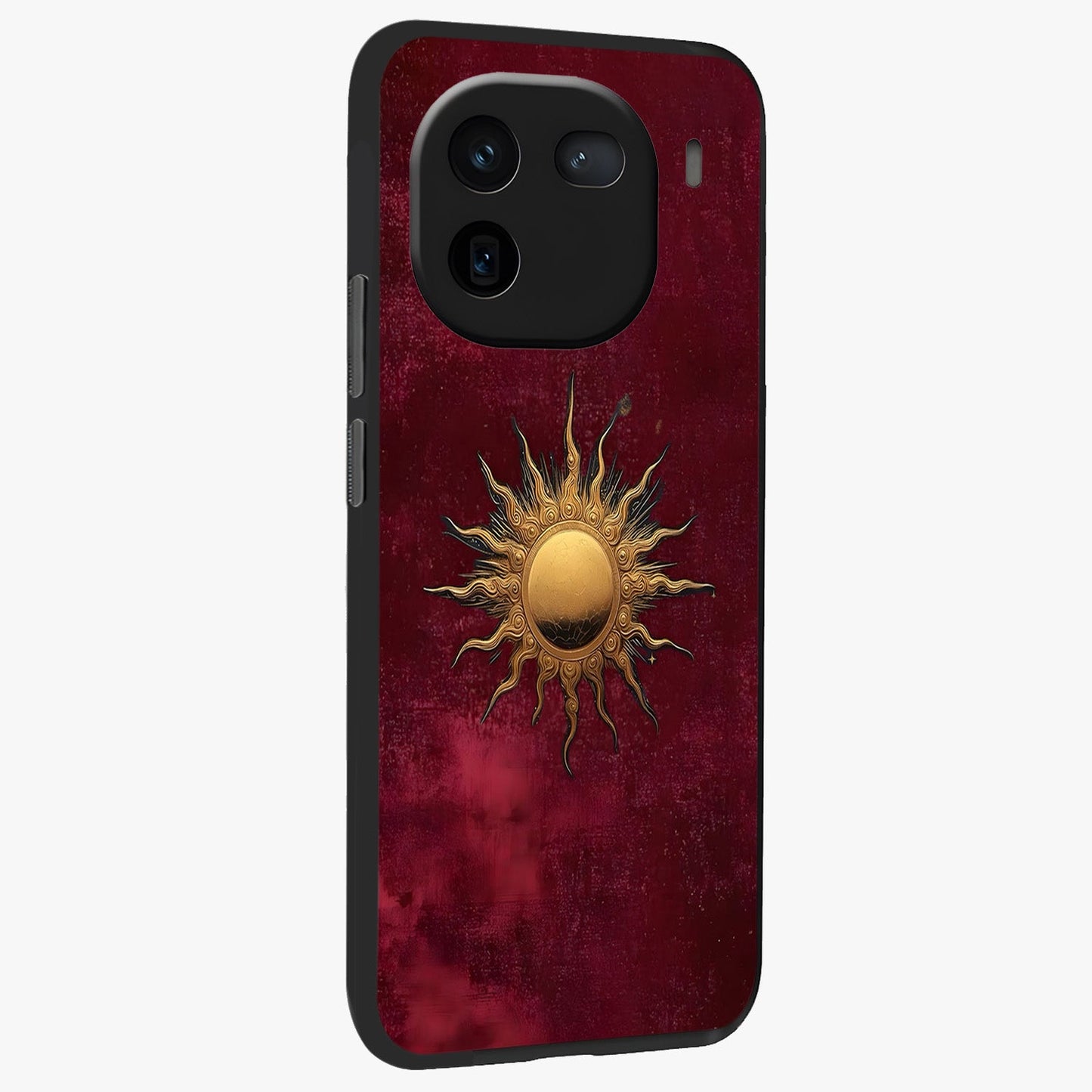 Golden Sun Minimalism Glass Case upright view showcasing simple golden sun artwork with elegant minimalist style.