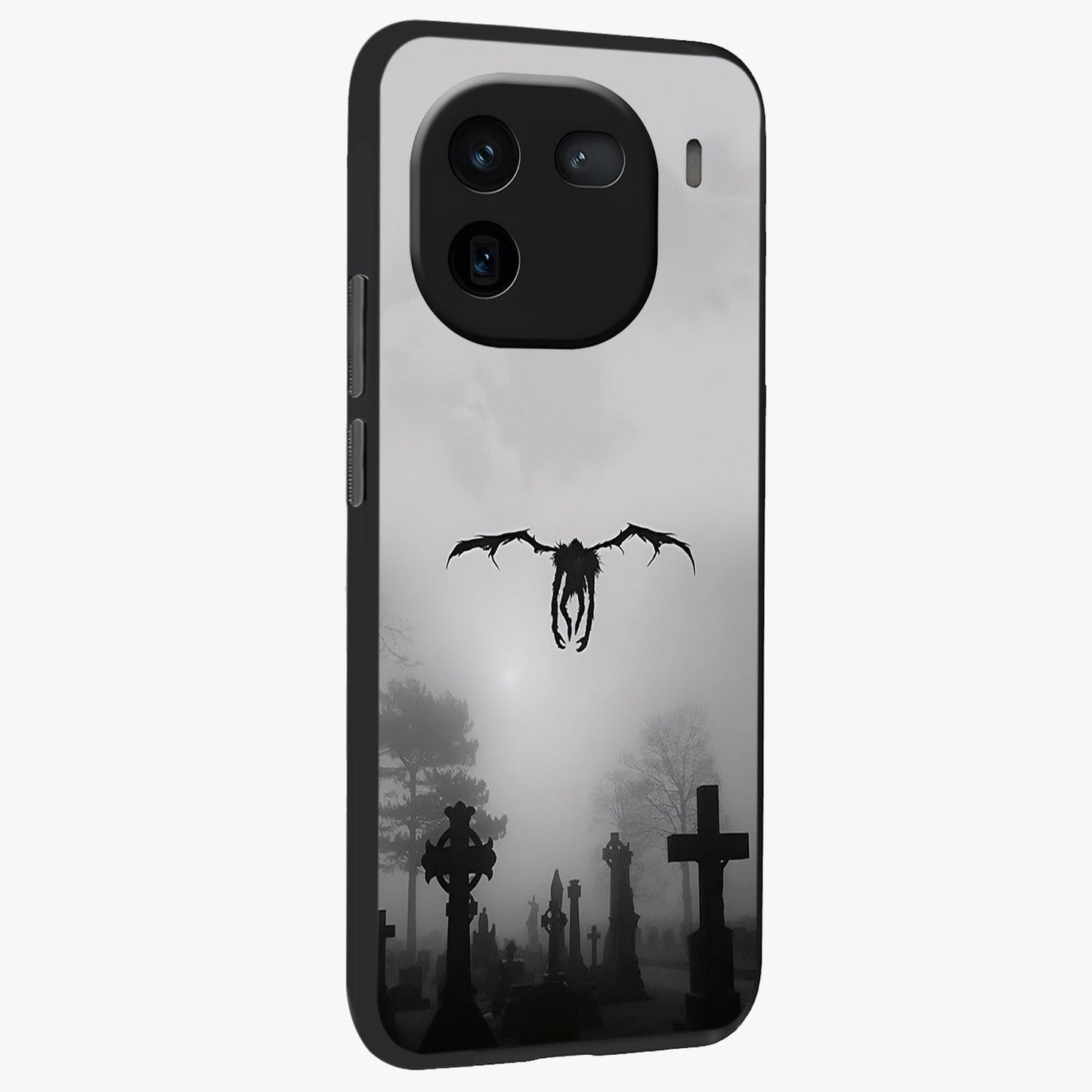 Graveyard Shadow Descent Glass Case upright view showcasing haunting graveyard artwork with dramatic dark theme.