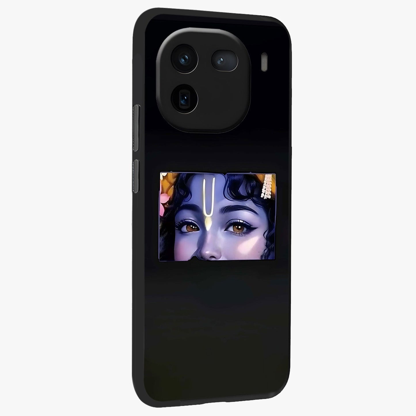 Krishna Divine Embrace Glass Case upright view showcasing sacred Krishna artwork with peaceful devotional theme.