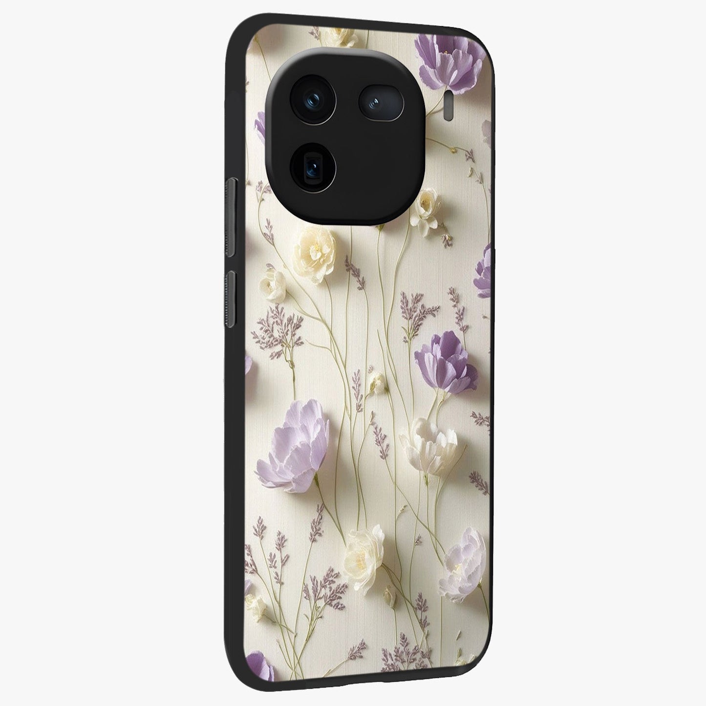 Lilac Breeze Harmony Glass Case upright view showcasing delicate lilac artwork with peaceful floral theme.