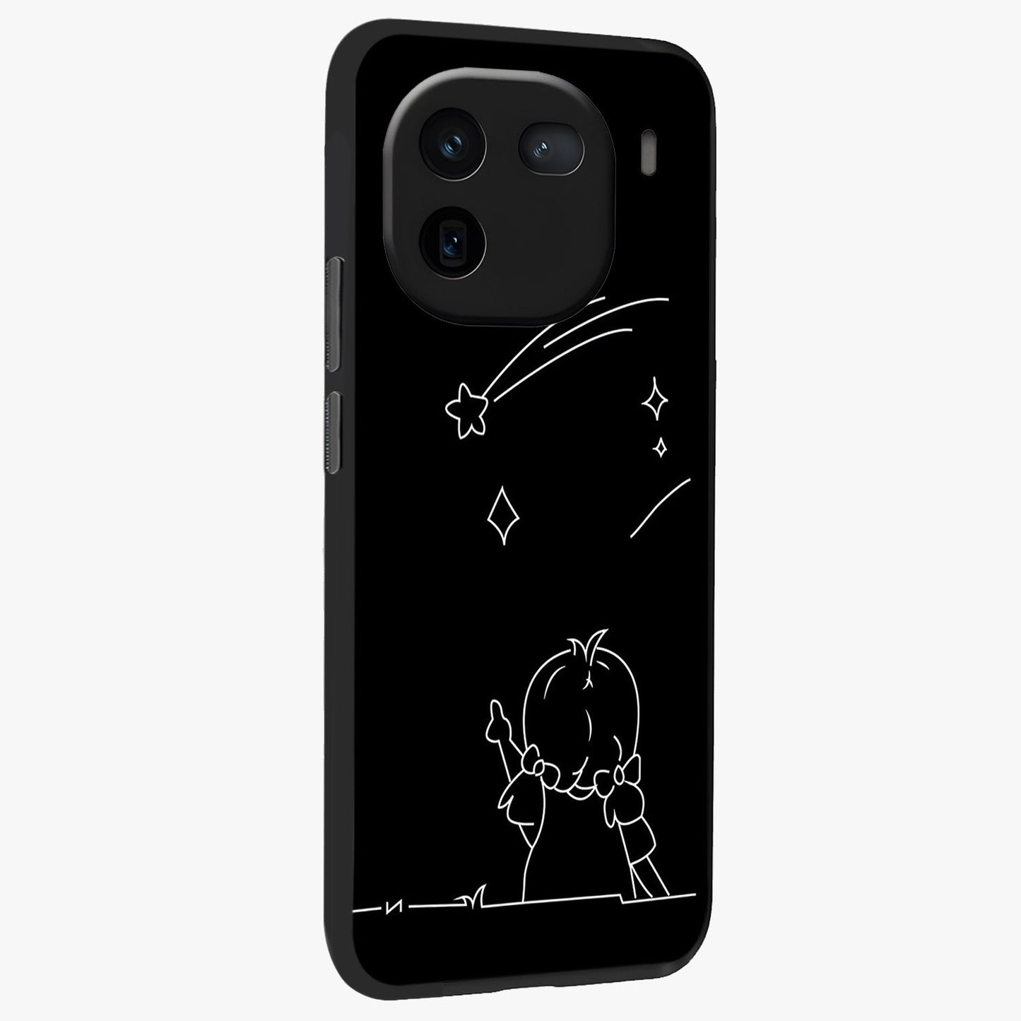 Line Art Girl With Shooting Stars Glass Case upright view showcasing delicate shooting stars artwork with minimal artistic theme.