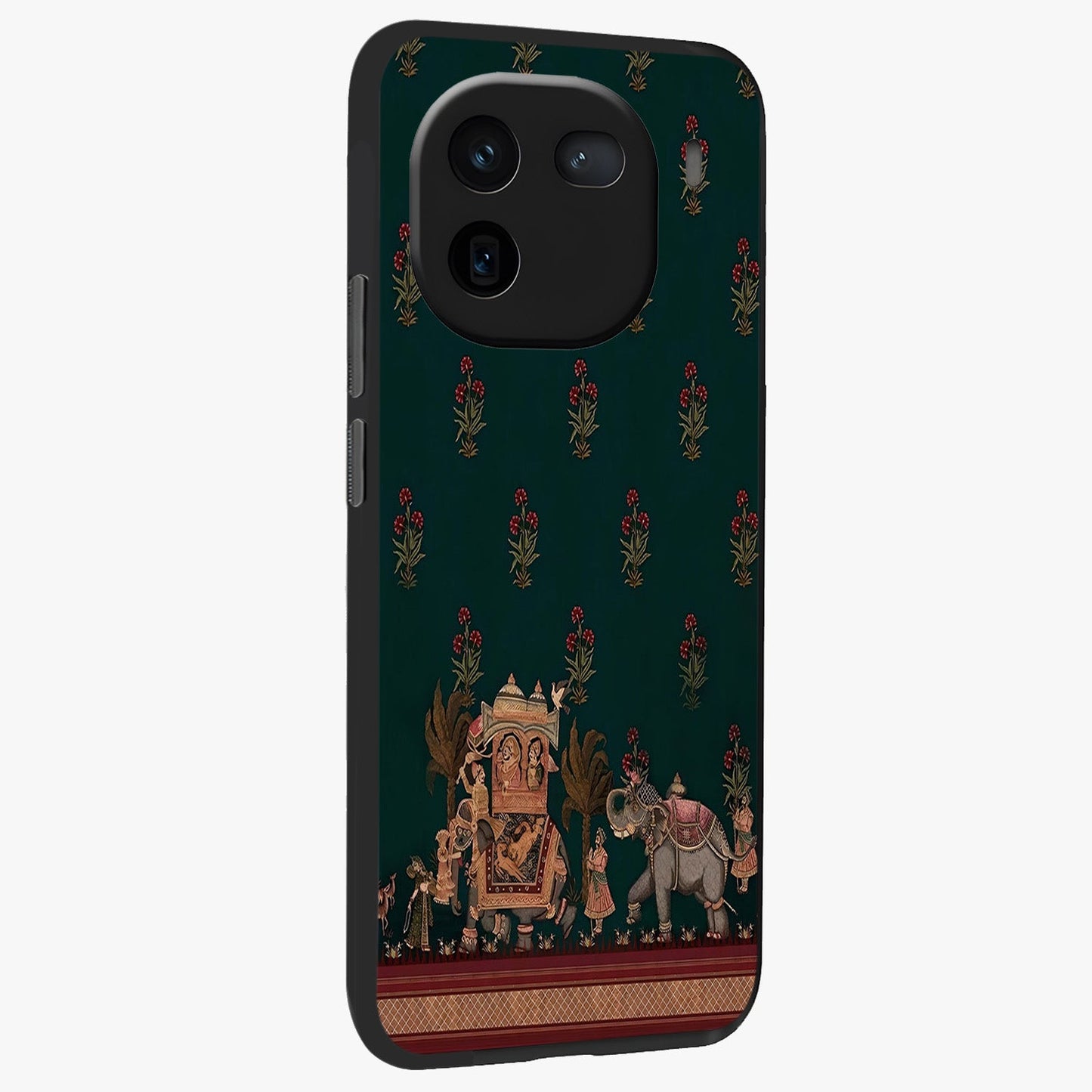 Macmerise Glass Case upright view showcasing bold artistic artwork with contemporary design theme.