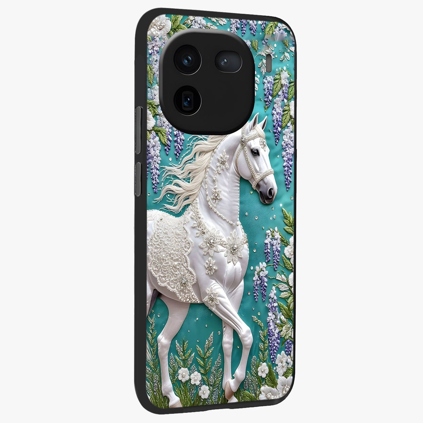 Majestic Floral Stallion Glass Case upright view showcasing dramatic horse artwork with decorative floral theme.