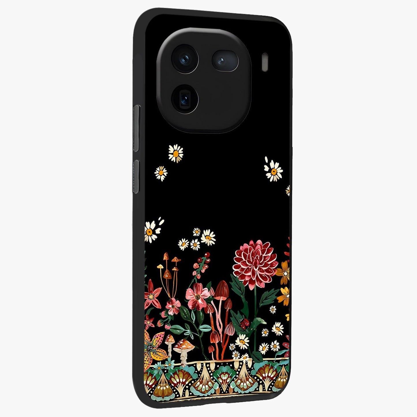 Midnight Bloom Pattern Glass Case upright view showcasing decorative floral artwork with deep night themed palette.