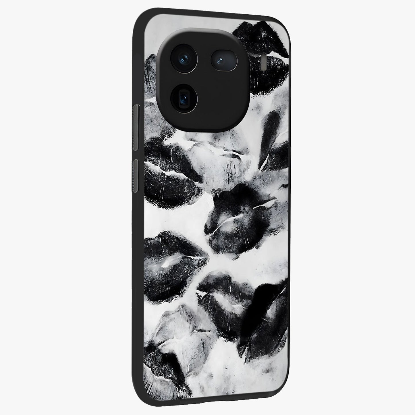 Midnight Kiss Marks Glass Case upright view showcasing stylish kiss mark artwork with trendy romantic theme.