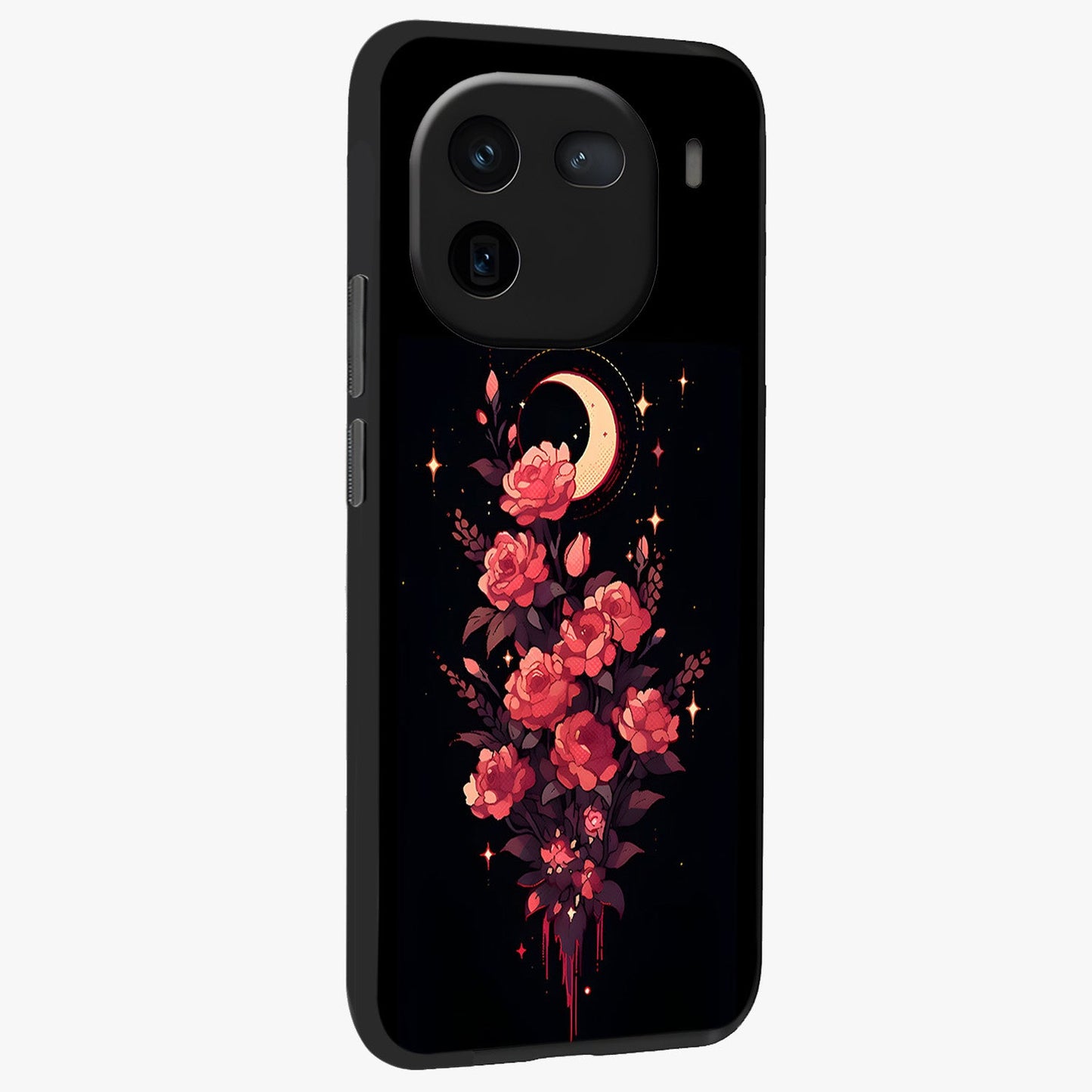 Moonlit Floral Elegance Glass Case upright view showcasing delicate floral artwork with refined night inspired theme.