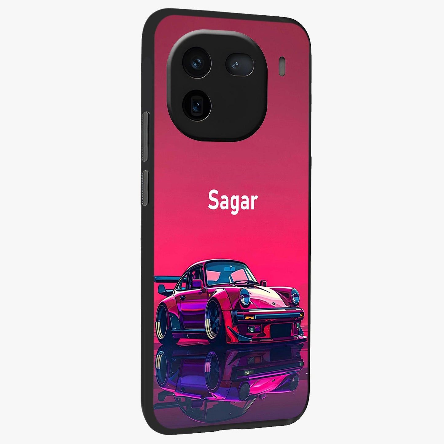 Neon Pink Porsche Glass Case upright view showcasing vibrant sports car artwork with bold automotive theme.