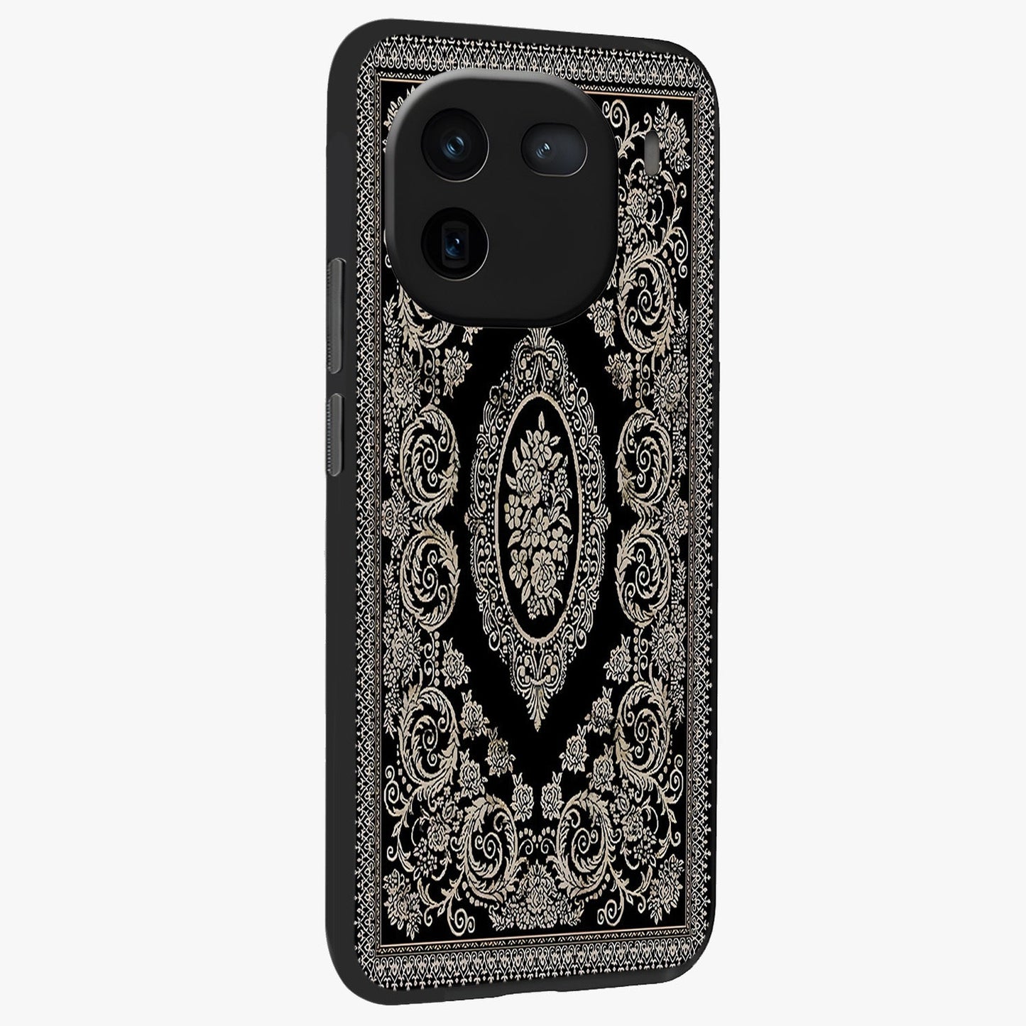 Noir Bloom Elegance Glass Case upright view showcasing graceful floral artwork with luxurious dark theme.