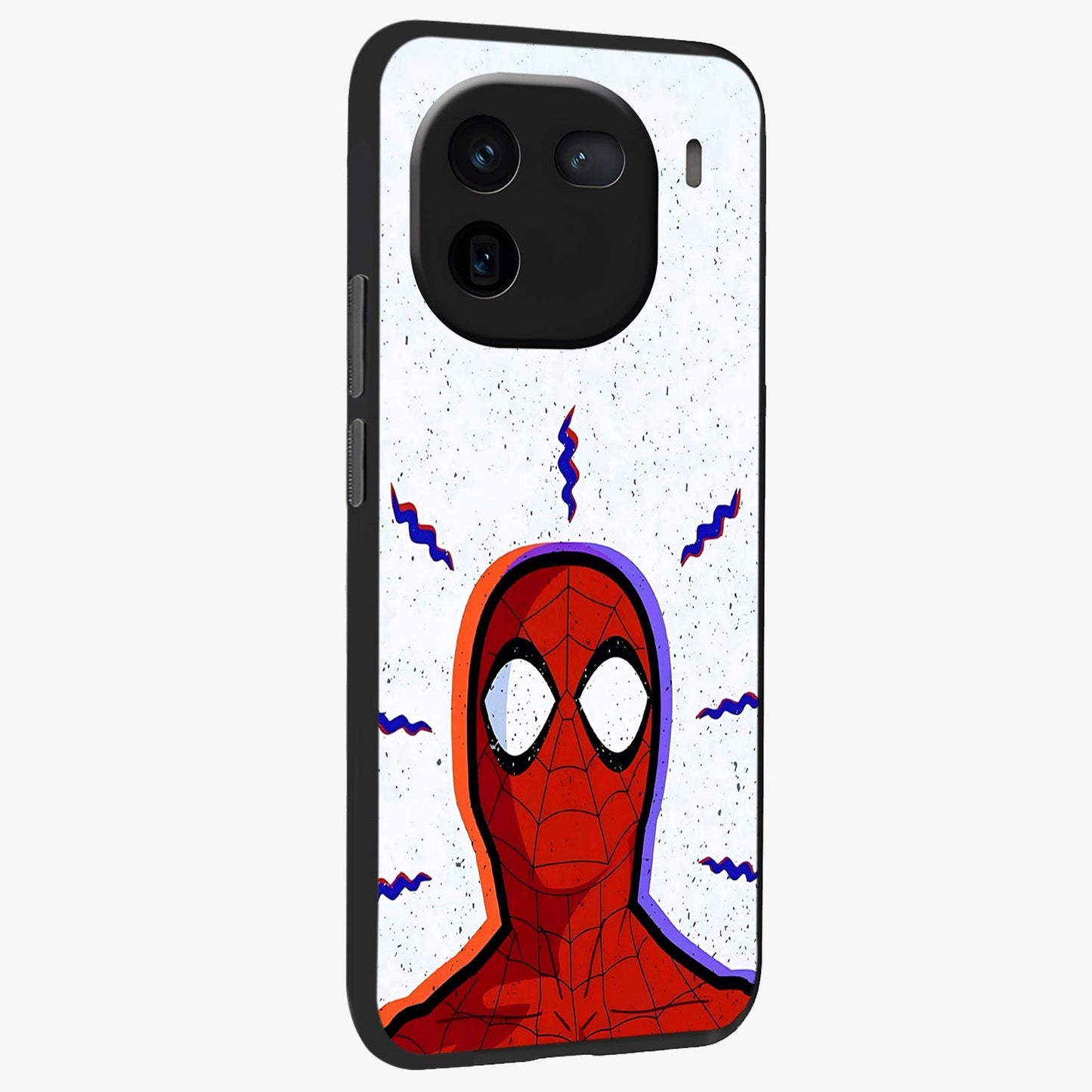 Omg Spiderman Glass Case upright view showcasing energetic superhero artwork with vibrant comic theme.