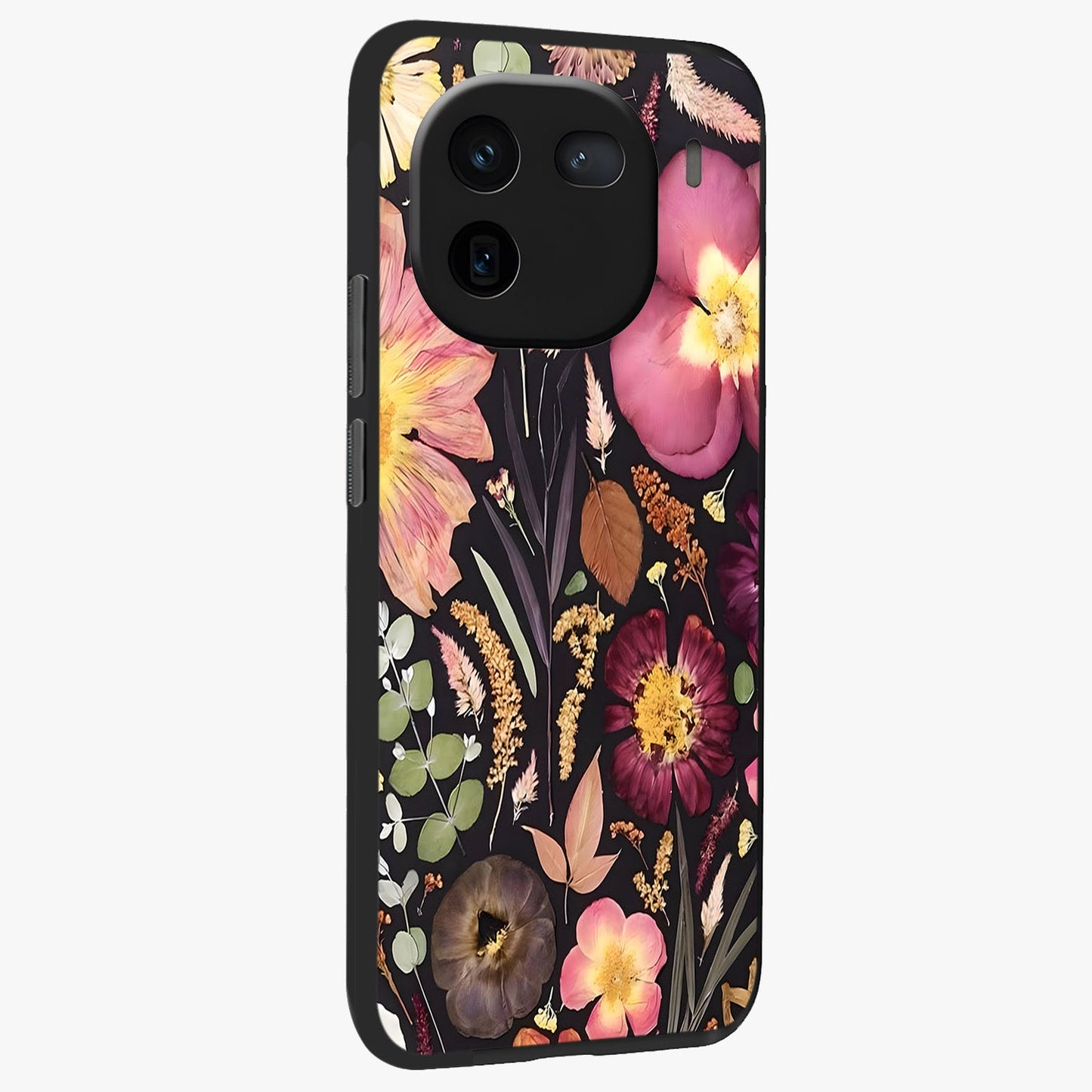 Petal Dream Tapestry Glass Case upright view showcasing detailed floral tapestry artwork with artistic nature theme.