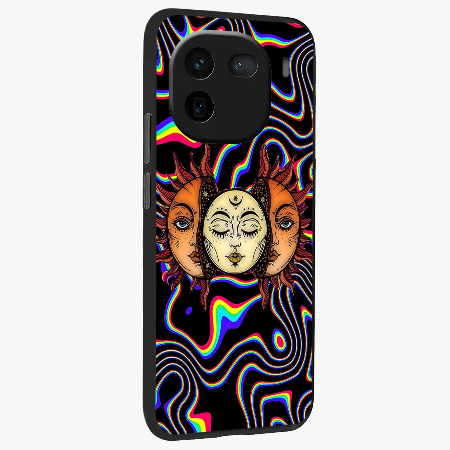 Psychedelic Sun Glass Case upright view showcasing trippy sun artwork with bold psychedelic theme.