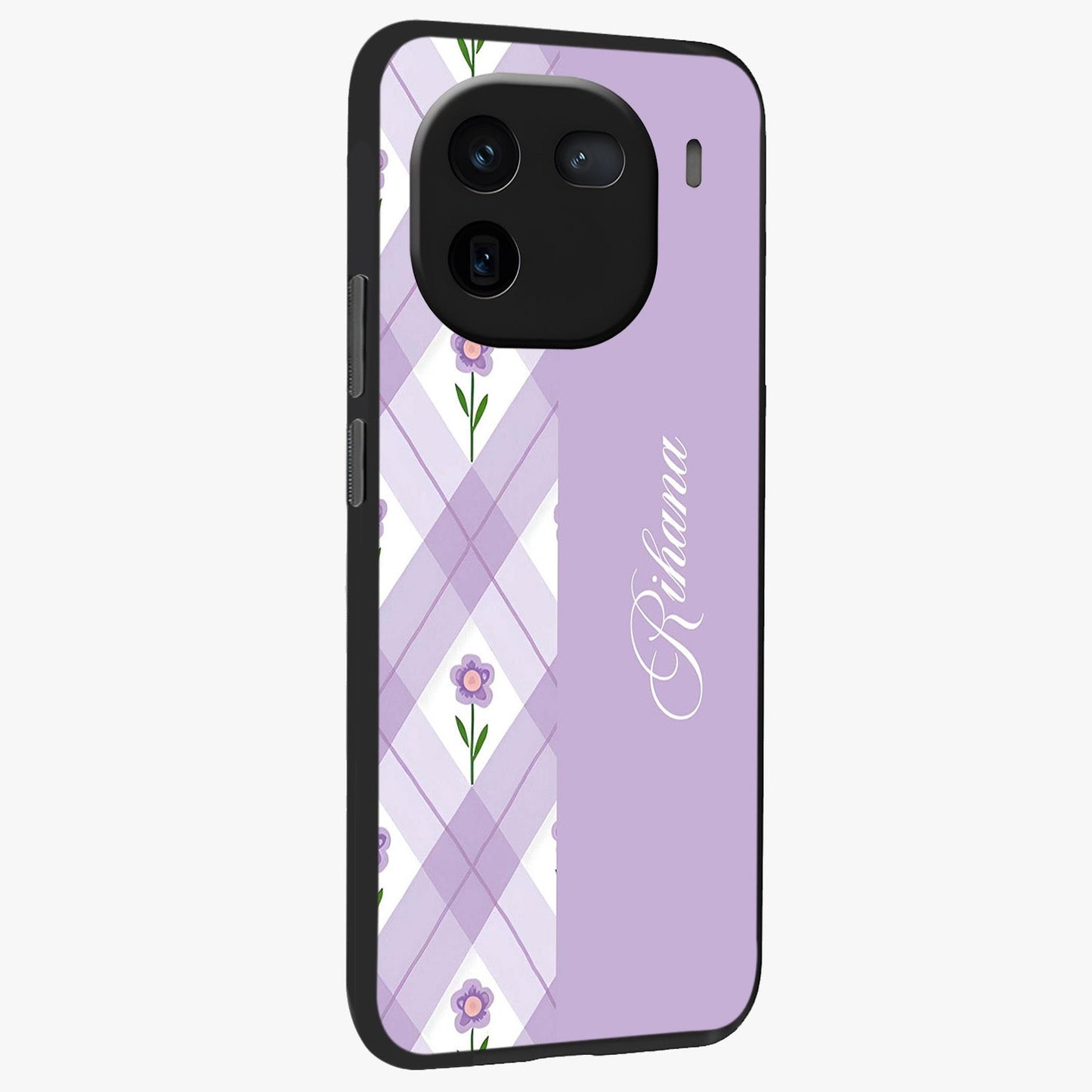 Purple Diamond Floral Glass Case upright view showcasing vibrant floral artwork with stylish geometric theme.