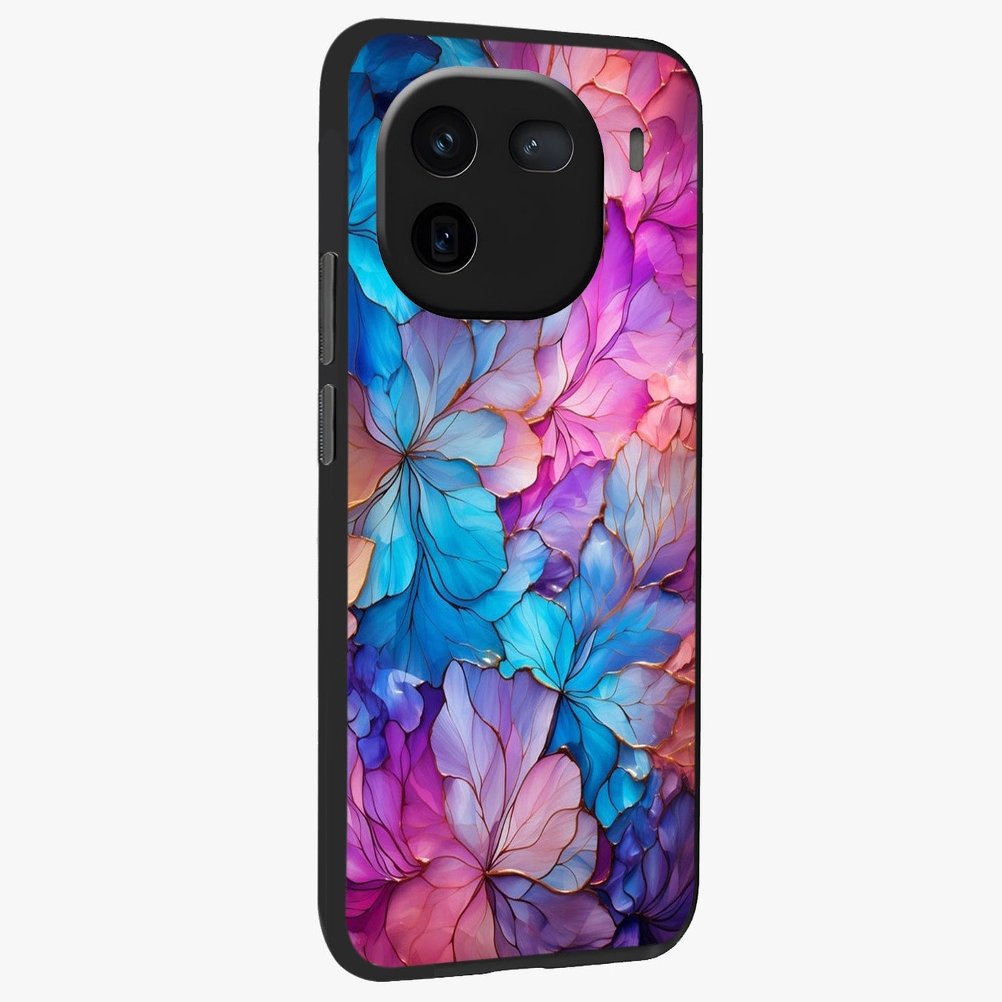 Radiant Floral Whirl Glass Case upright view showcasing lively floral artwork with decorative swirl theme.