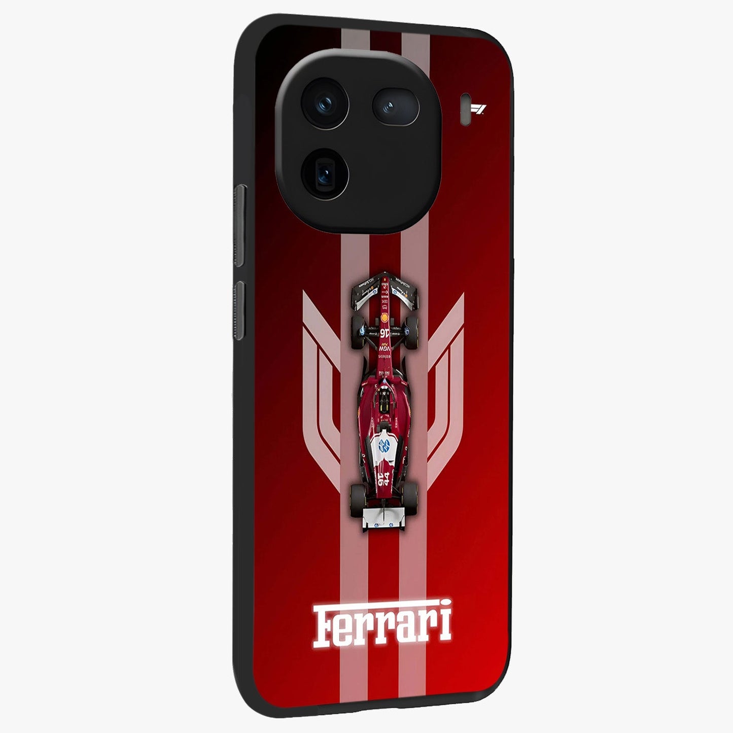 Red Ferrari F1 Vertical Glass Case upright view showcasing powerful Formula car artwork with dynamic motorsport theme.