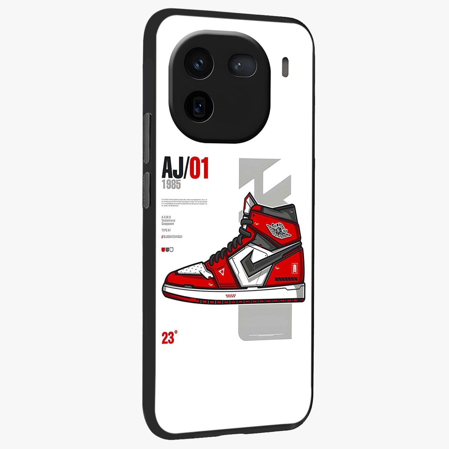 Retro Sneaker Blueprint Glass Case upright view showcasing stylish sneaker illustration with vintage streetwear theme.