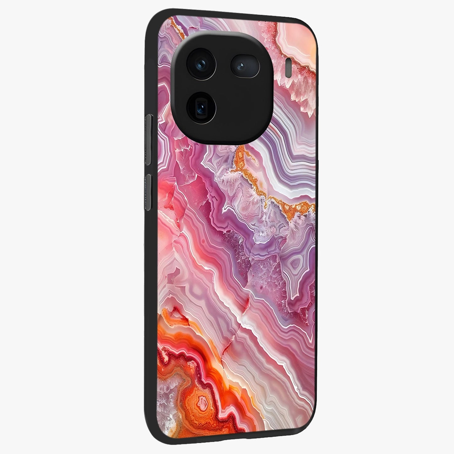 Rose Quartz Marble Glass Case upright view showcasing decorative marble artwork with luxurious pastel theme.