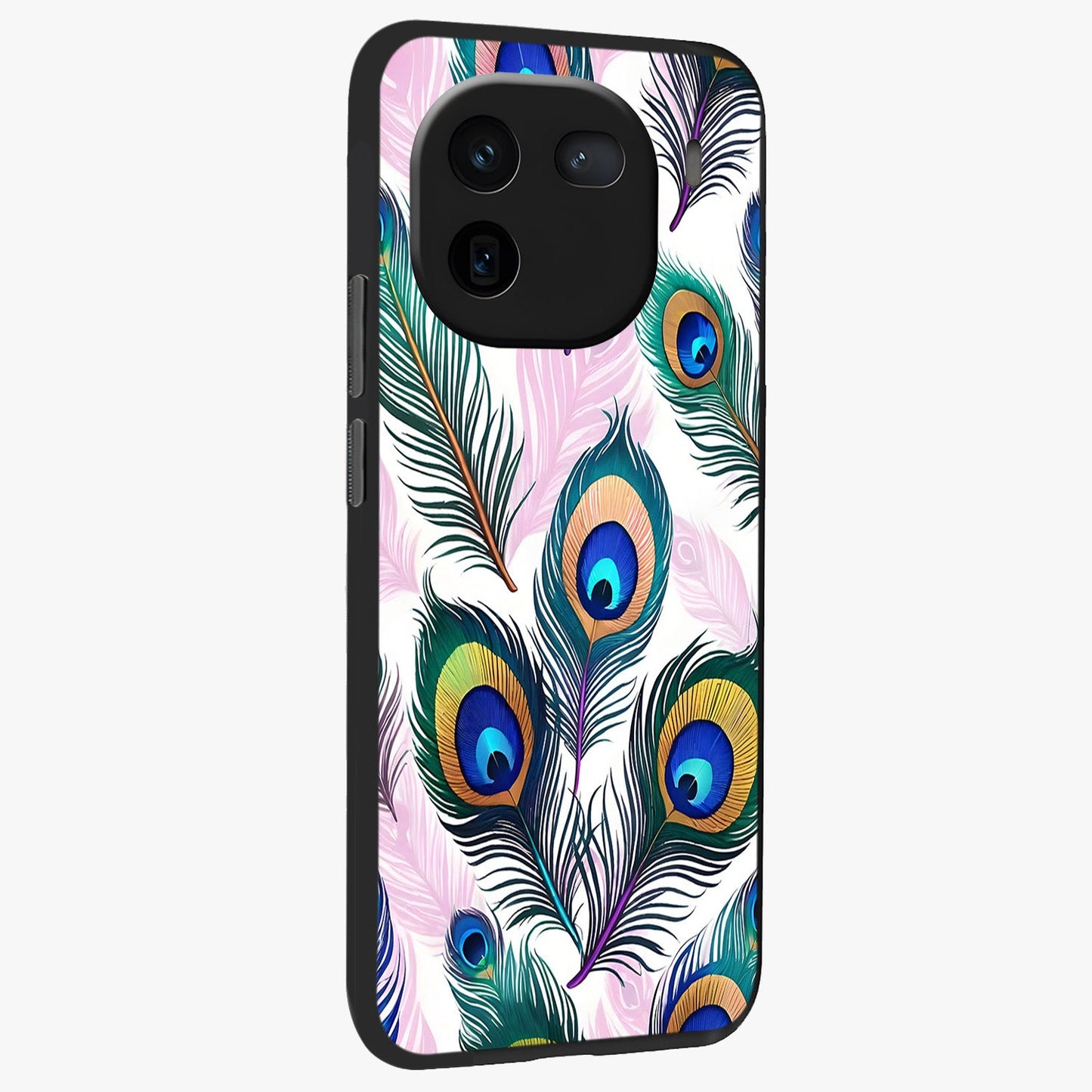 Royal Peacock Feathers Glass Case upright view showcasing elegant peacock feather artwork with decorative royal theme.