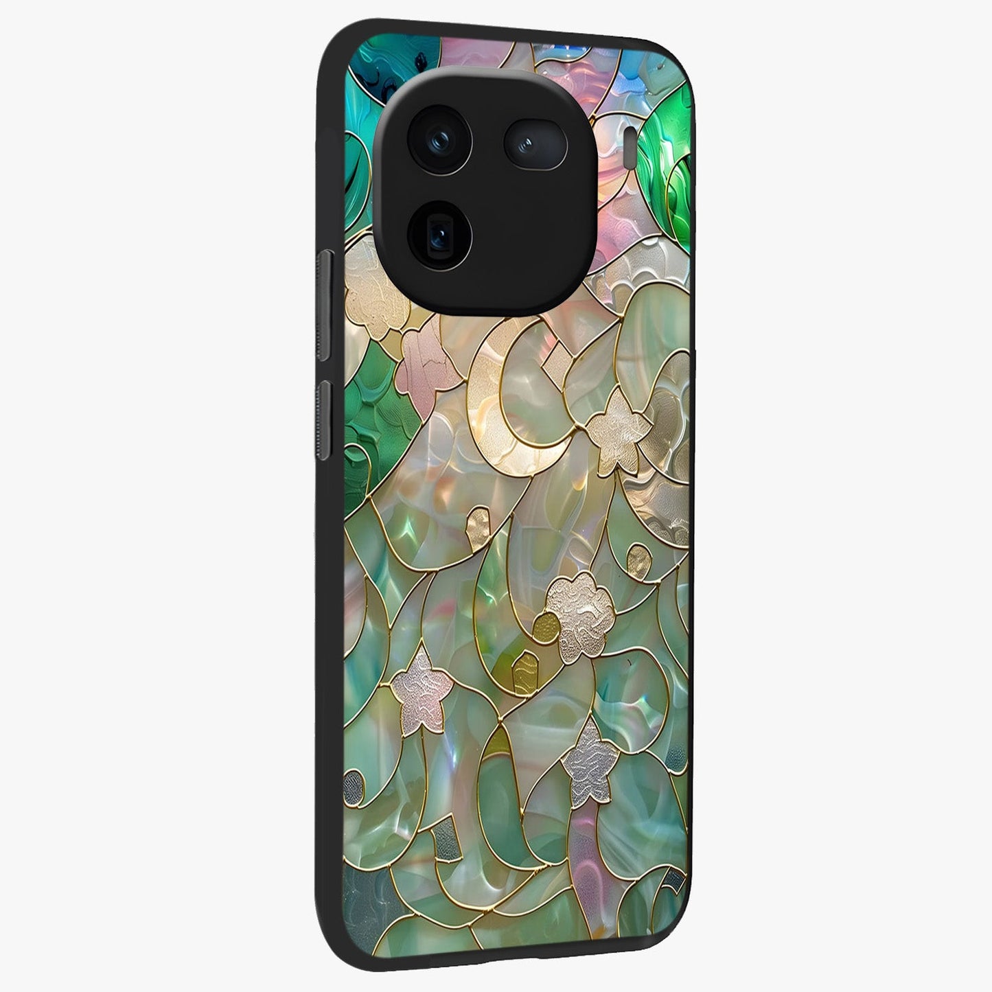 Stained Sunrise Glow Glass Case upright view showcasing colorful sunrise artwork with warm morning theme.