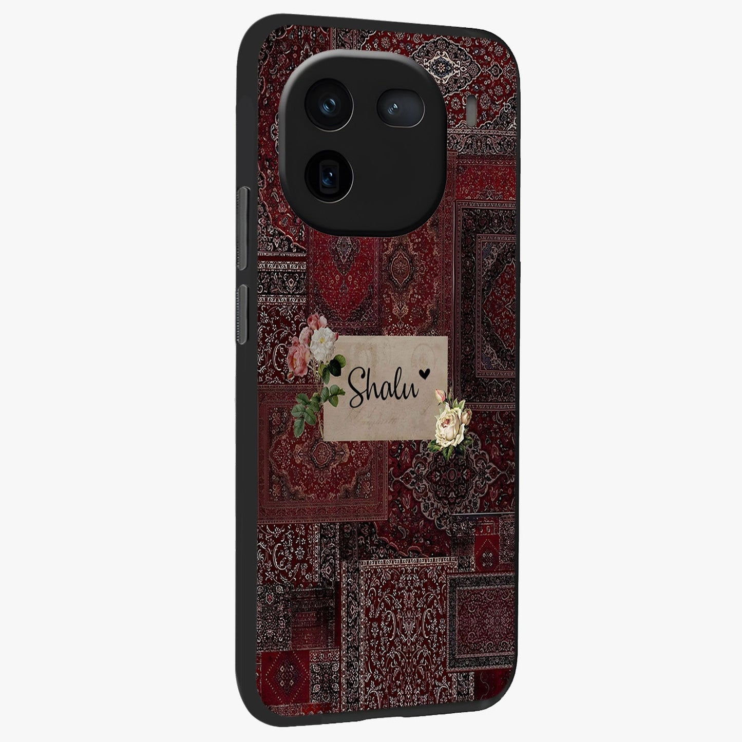 Velvet Wine Pattern Custom Name Glass Case upright view showcasing luxurious wine toned artwork with personalized aesthetic.