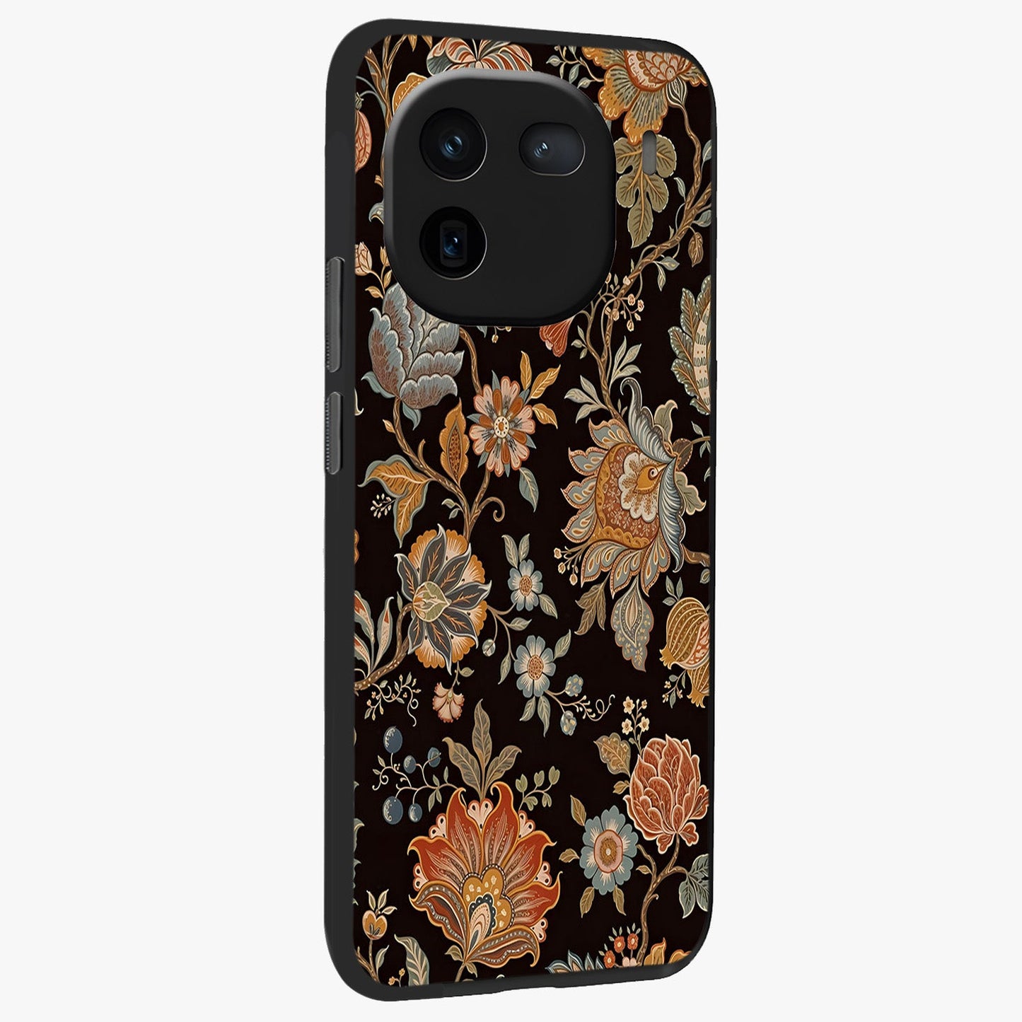 Vintage Floral Dream Glass Case upright view showcasing delicate floral artwork with timeless vintage theme.