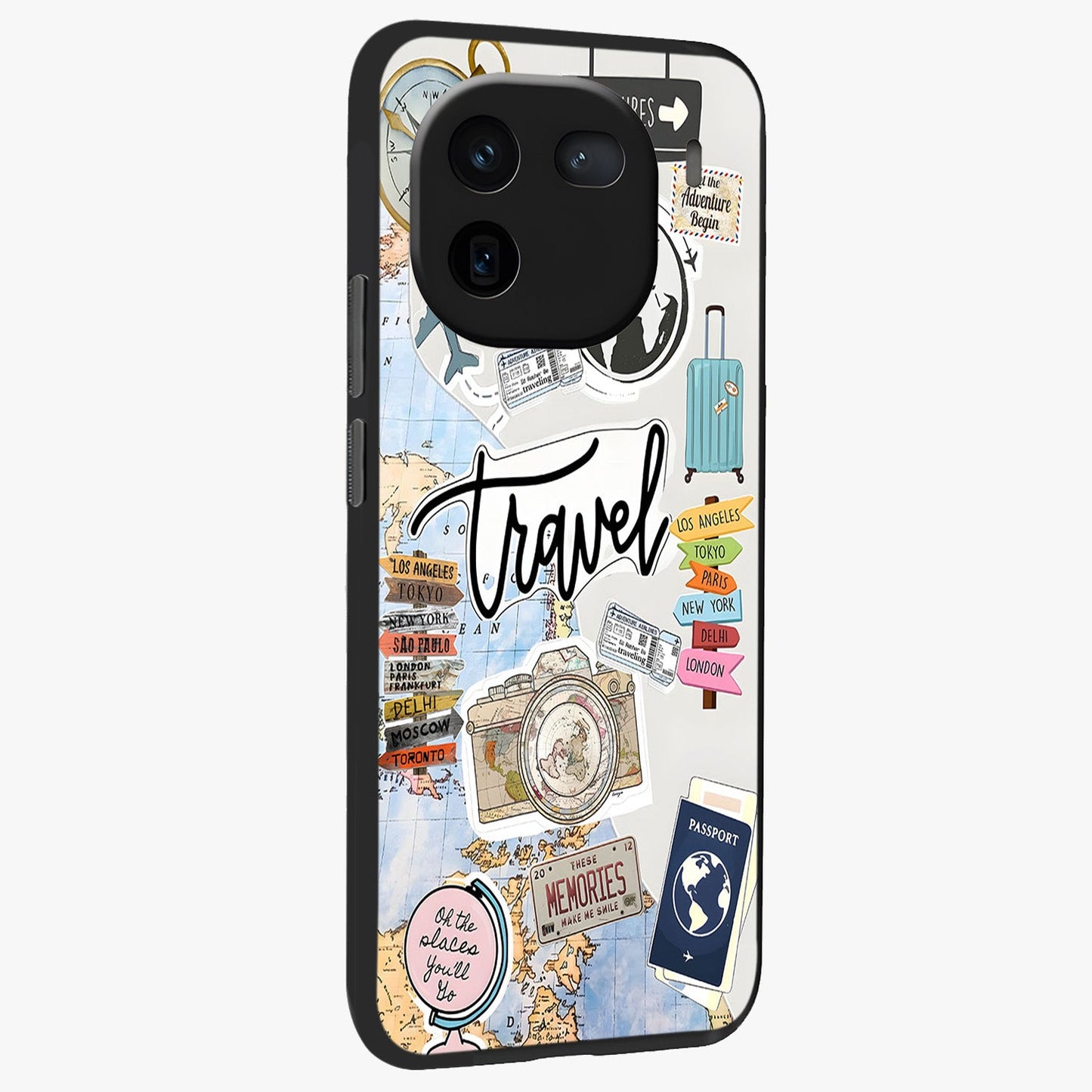Wanderlust Journal Glass Case upright view showcasing wanderlust inspired artwork with creative exploration theme.