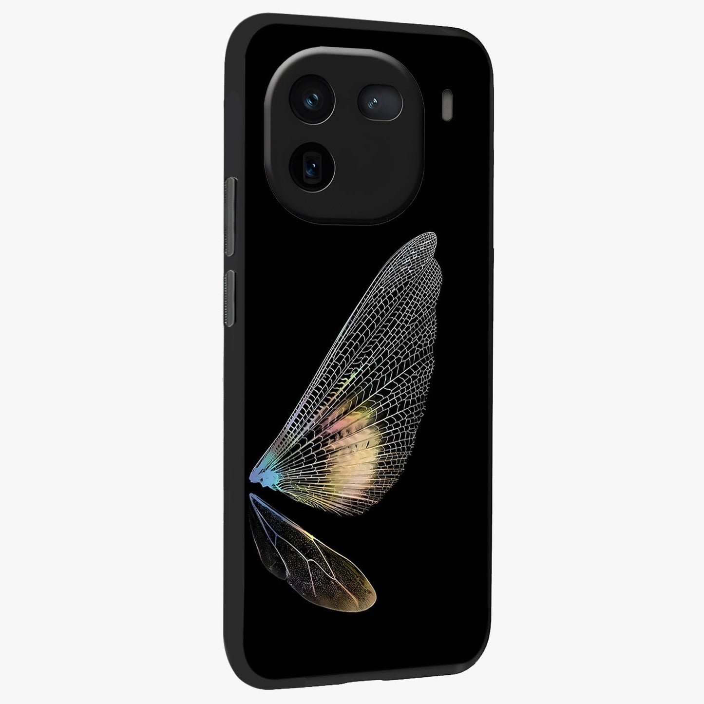 Whispers Of Wings Glass Case upright view showcasing elegant wing artwork with light airy theme.