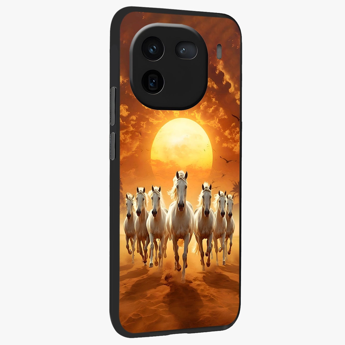 Wild Sunset Majesty Glass Case upright view showcasing dramatic sunset artwork with bold nature theme.