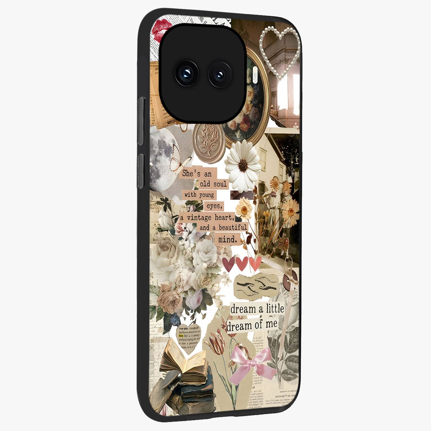 Aesthetic Brown Vintage Collage Glass Case upright view showcasing nostalgic retro artwork with stylish vintage theme.