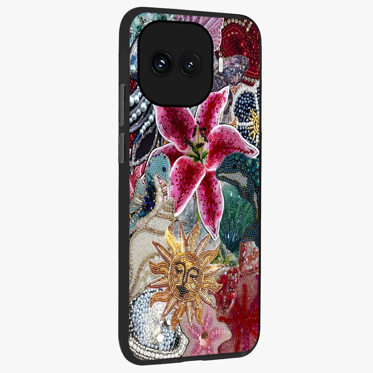 Beaded Garden Fantasy Glass Case upright view showcasing whimsical garden aesthetic with artistic bead details.