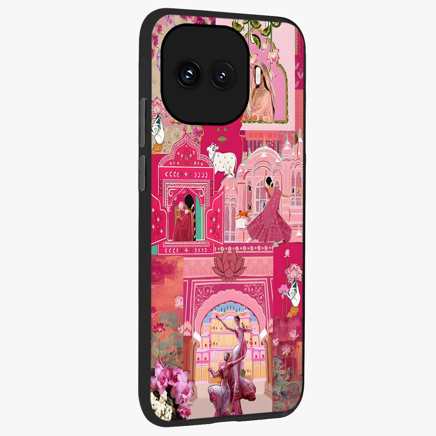 Blossoms of Rajasthan Glass Case upright view showcasing colorful floral design inspired by traditional Indian art.