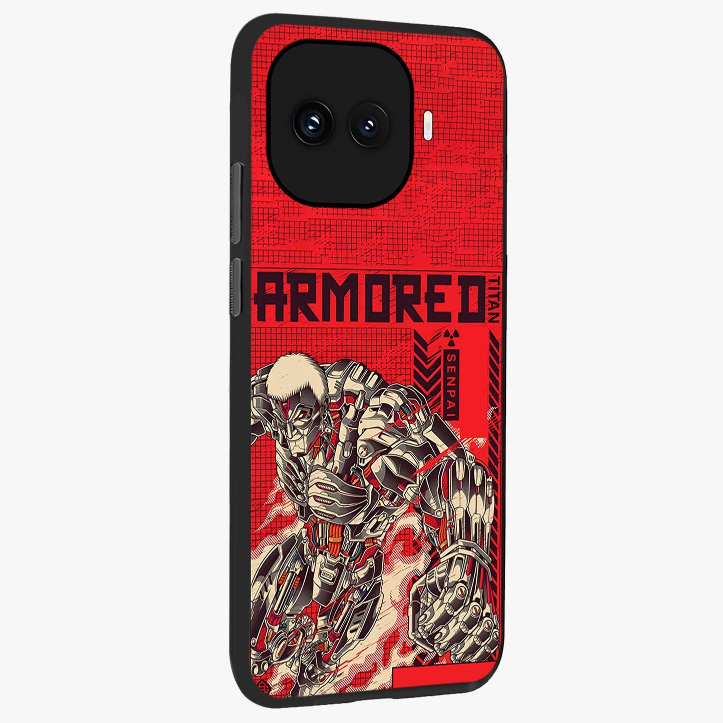 Crimson Mecha Titan Glass Case upright view showcasing dynamic robotic titan design with sci-fi inspired theme.