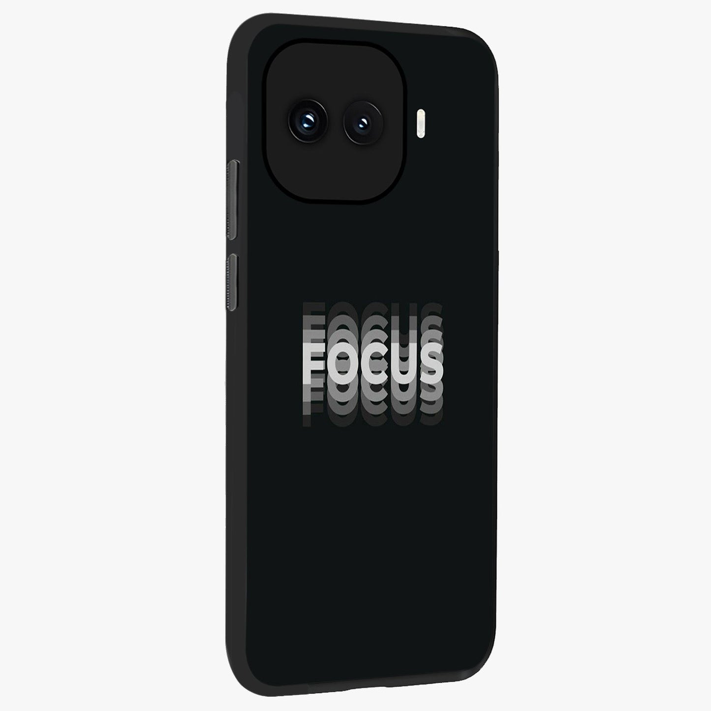 Focus Mode On Glass Case upright view showcasing strong typography statement with sleek motivational theme.