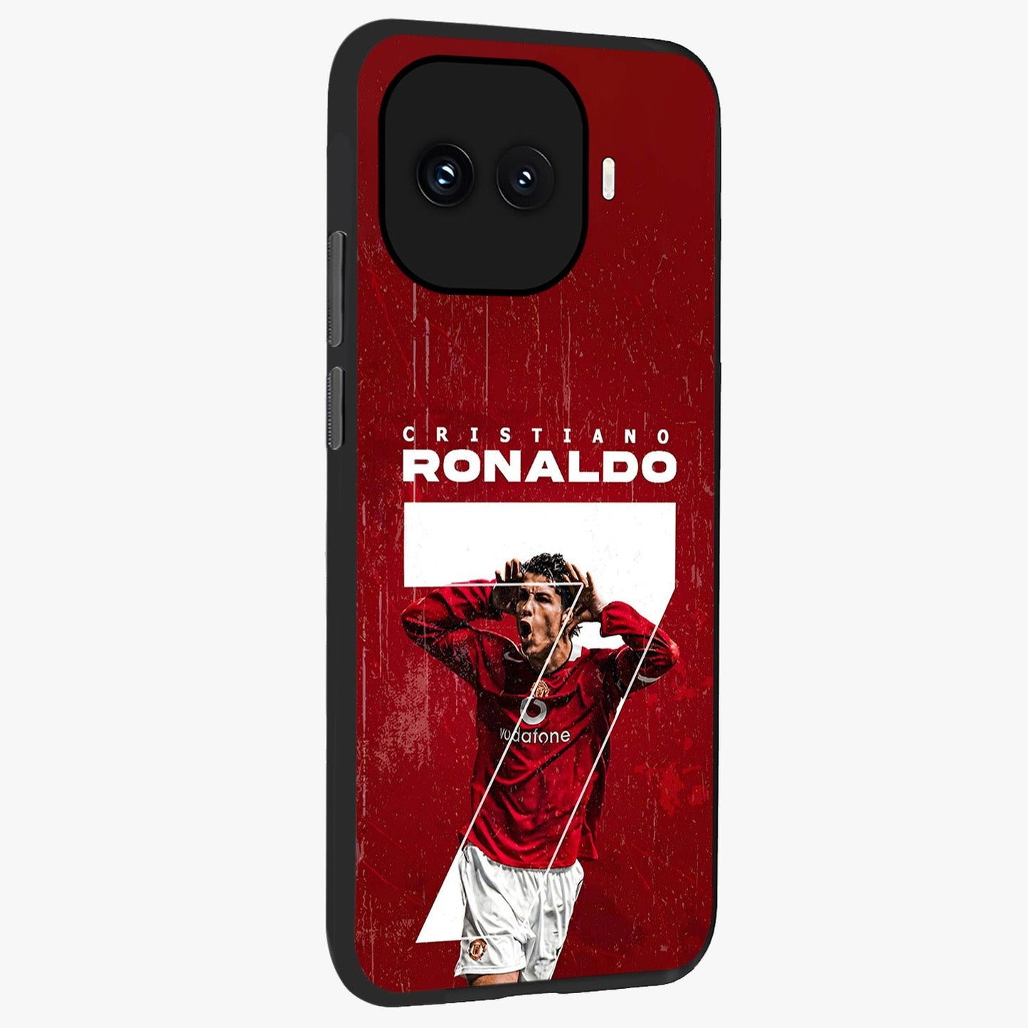 Goal Celebration Legacy Glass Case upright view showcasing dynamic football inspired artwork with victory celebration aesthetic.