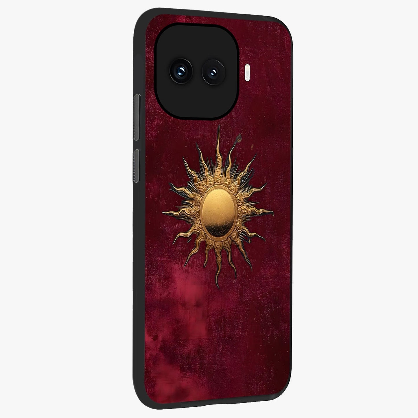 Golden Sun Minimalism Glass Case upright view showcasing simple golden sun artwork with elegant minimalist style.