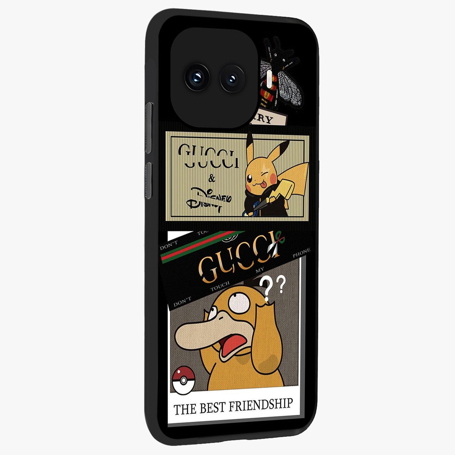 Gucci Play Mashup Glass Case upright view showcasing trendy luxury inspired artwork with modern fashion theme.