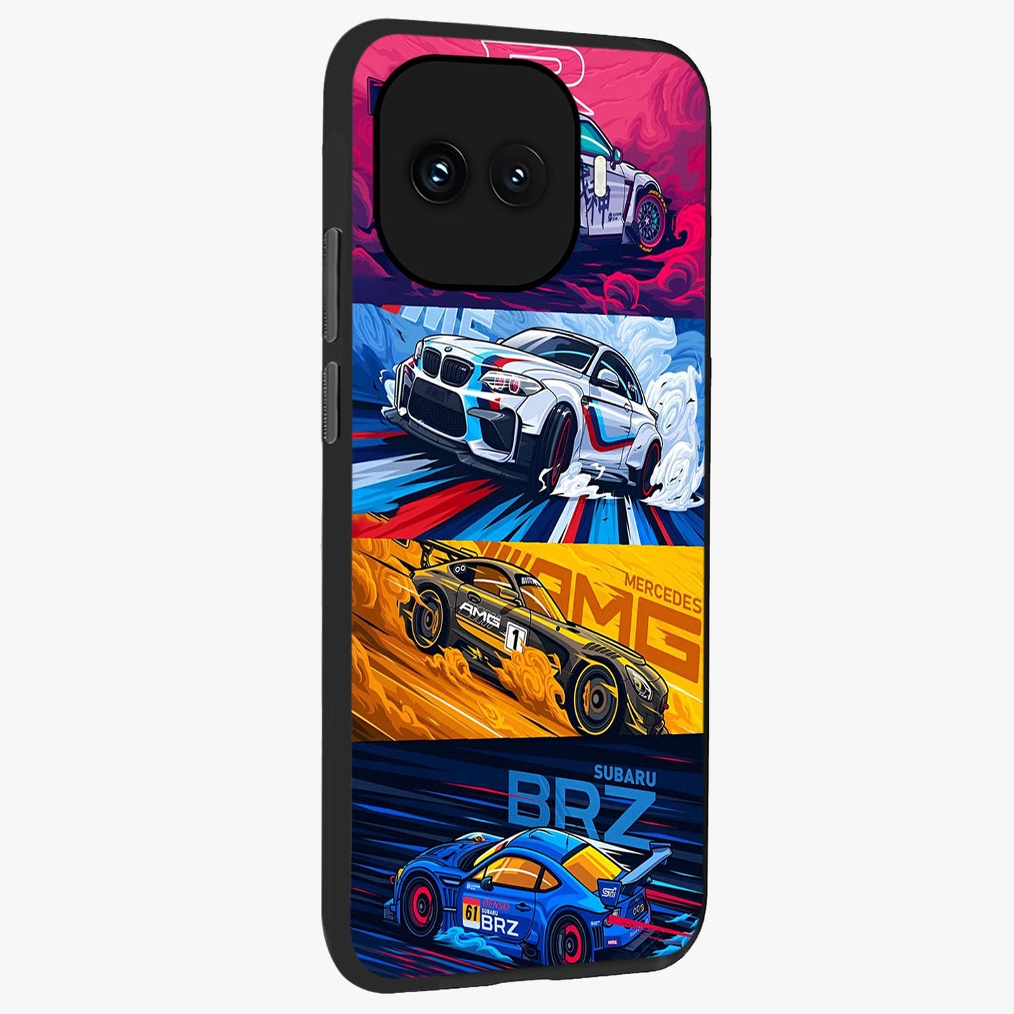 JDM Sports Car Glass Case upright view showcasing dynamic sports car artwork with bold racing theme.