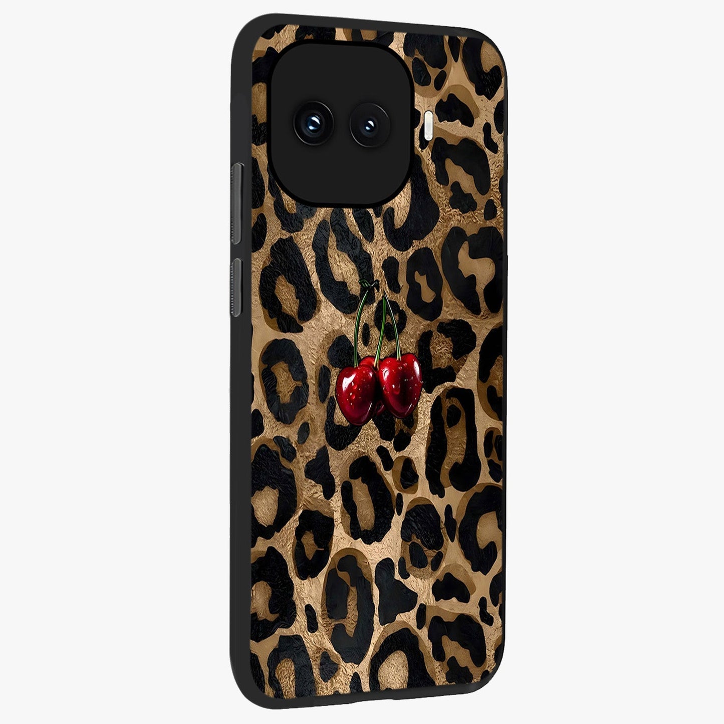 Leopard Wild Cherry Glass Case upright view showcasing stylish leopard pattern artwork with trendy fashion theme.