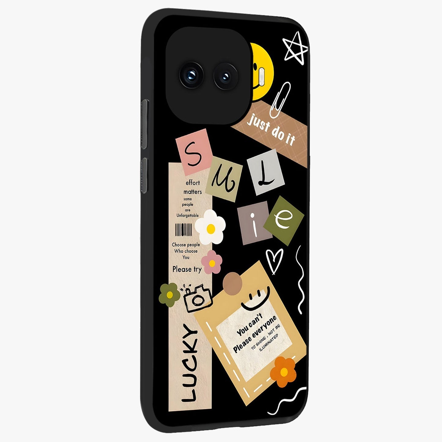Lucky Aesthetic Collage Glass Case upright view showcasing vibrant collage artwork with youthful aesthetic theme.