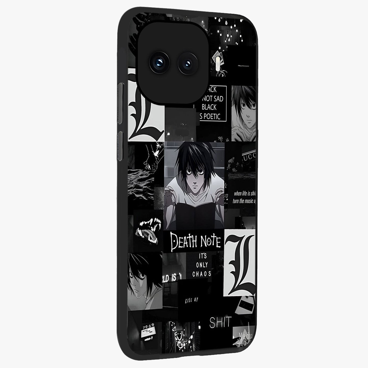 Midnight Chaos Mind Glass Case upright view showcasing expressive abstract artwork with bold dark theme.