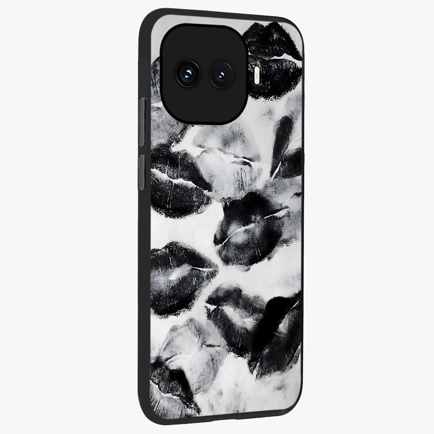 Midnight Kiss Marks Glass Case upright view showcasing stylish kiss mark artwork with trendy romantic theme.