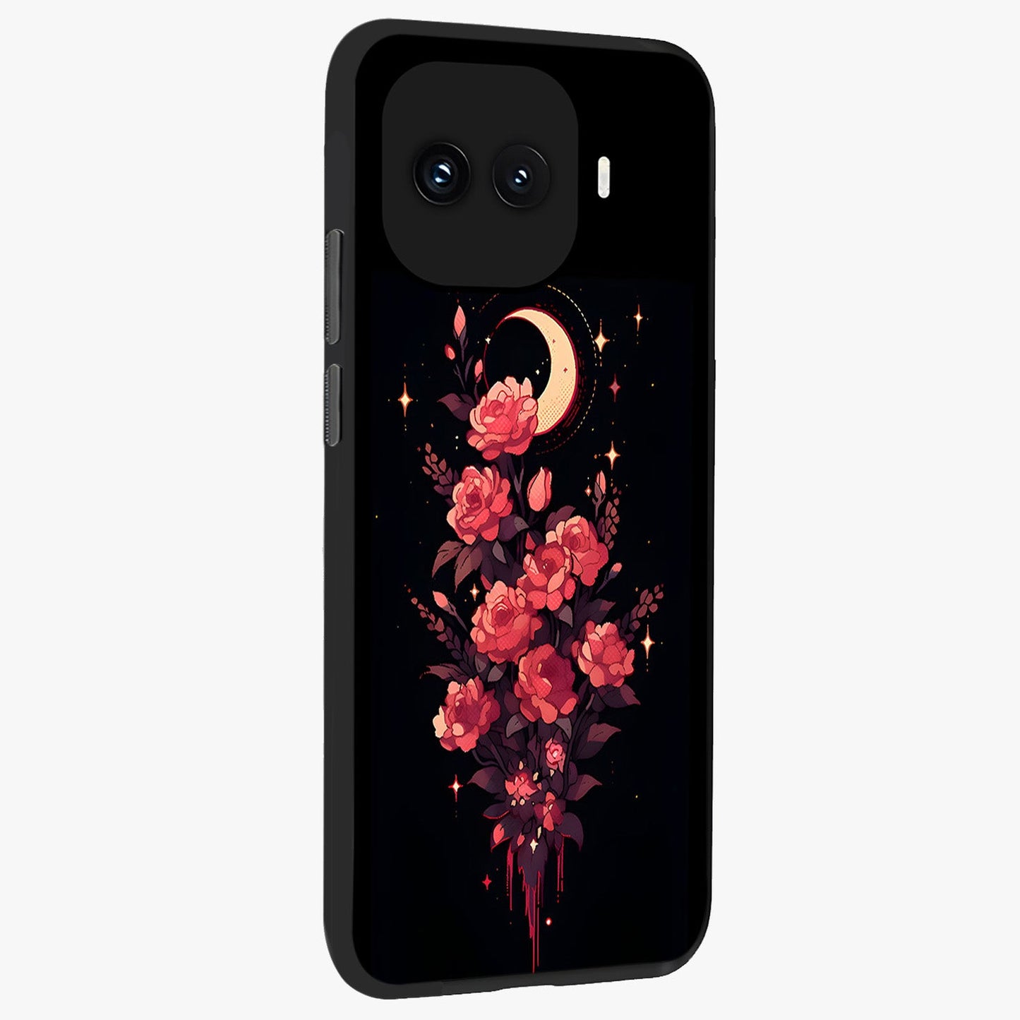 Moonlit Floral Elegance Glass Case upright view showcasing delicate floral artwork with refined night inspired theme.