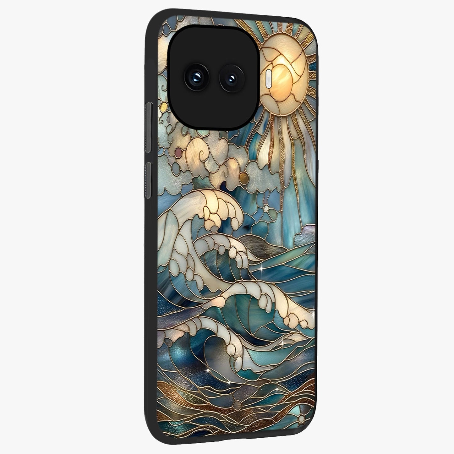 Oceanic Stained Printed Glass Case upright view showcasing decorative ocean pattern artwork with vibrant marine theme.